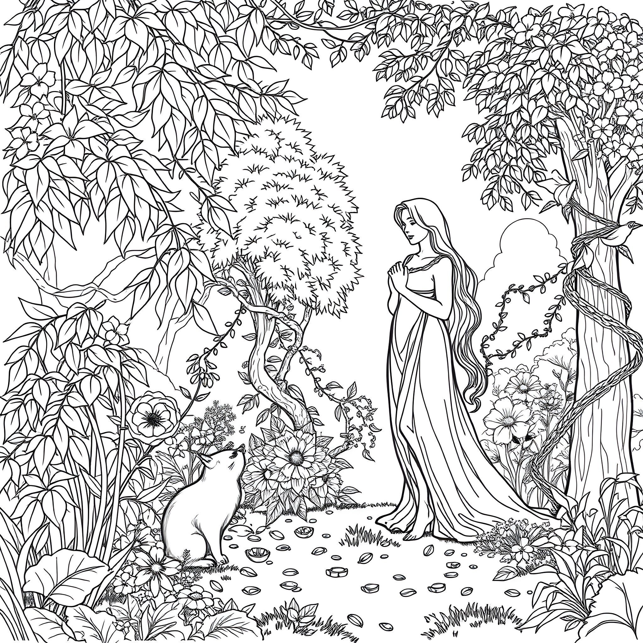 Adam and Eve in the Garden of Eden Coloring Page (free black-and-white line drawing printable PDF for all, from beginners to advanced learners, including children, teens, adults, and seniors)