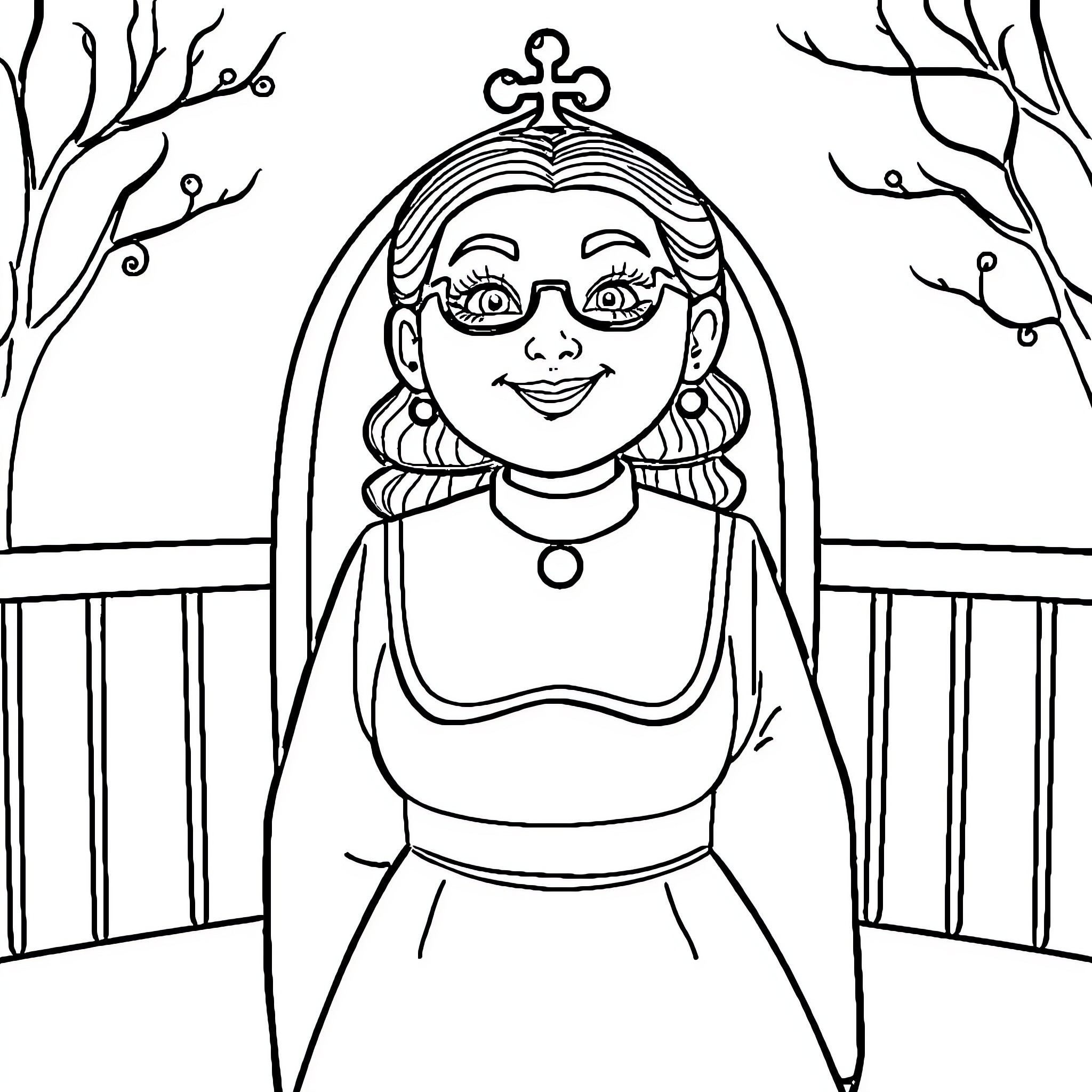Mercredi's Whimsical Portrait in Snowy Surroundings Coloring Page (free black-and-white line drawing printable PDF for all, from beginners to advanced learners, including children, teens, adults, and seniors)