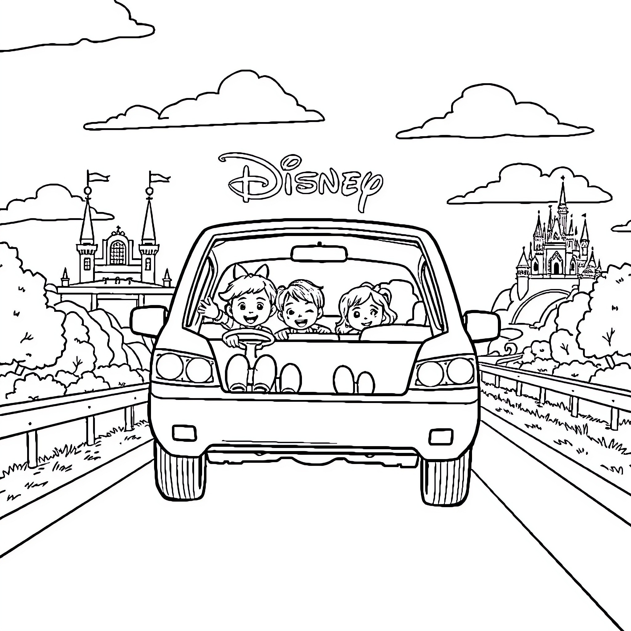 Minivan family road trip to Disney Coloring Page (free black-and-white line drawing printable PDF for all, from beginners to advanced learners, including children, teens, adults, and seniors)