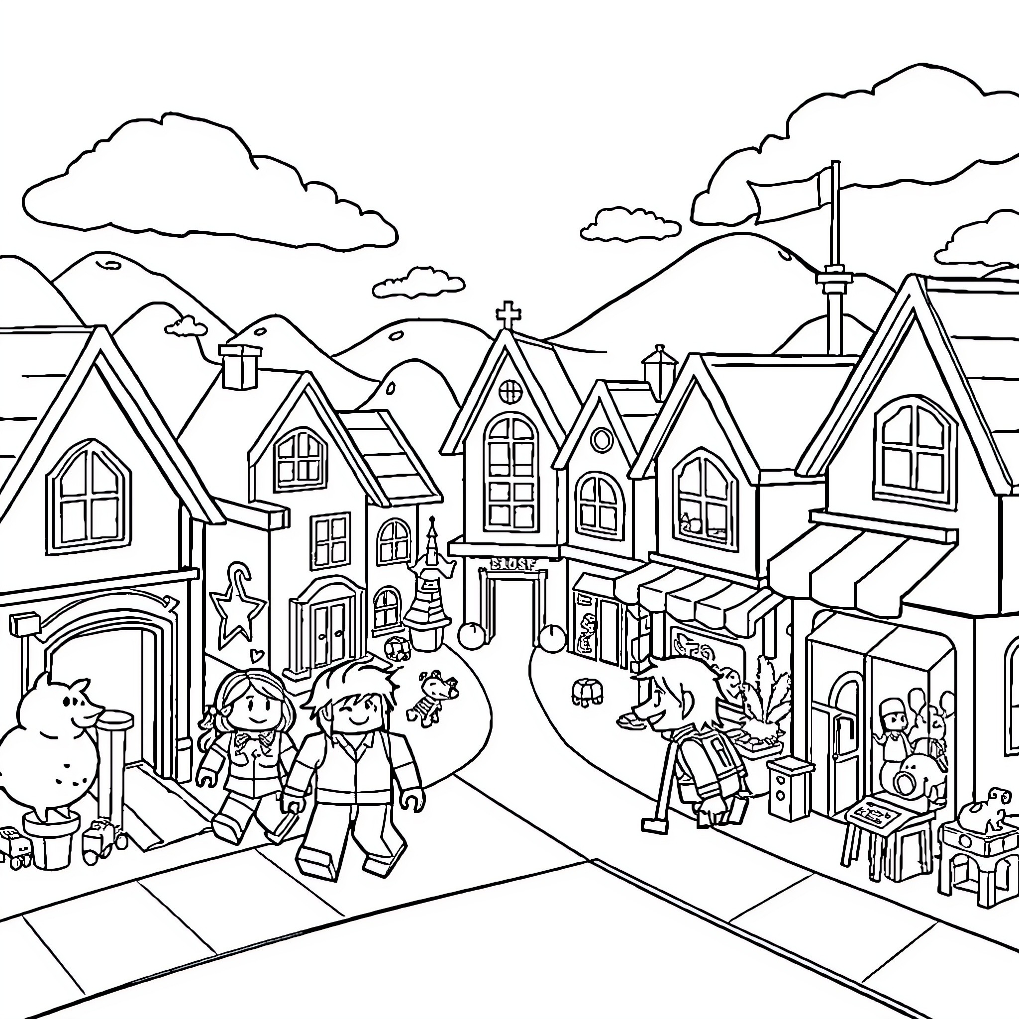 Roblox characters exploring a vibrant town Coloring Page (free black-and-white line drawing printable PDF for all, from beginners to advanced learners, including children, teens, adults, and seniors)