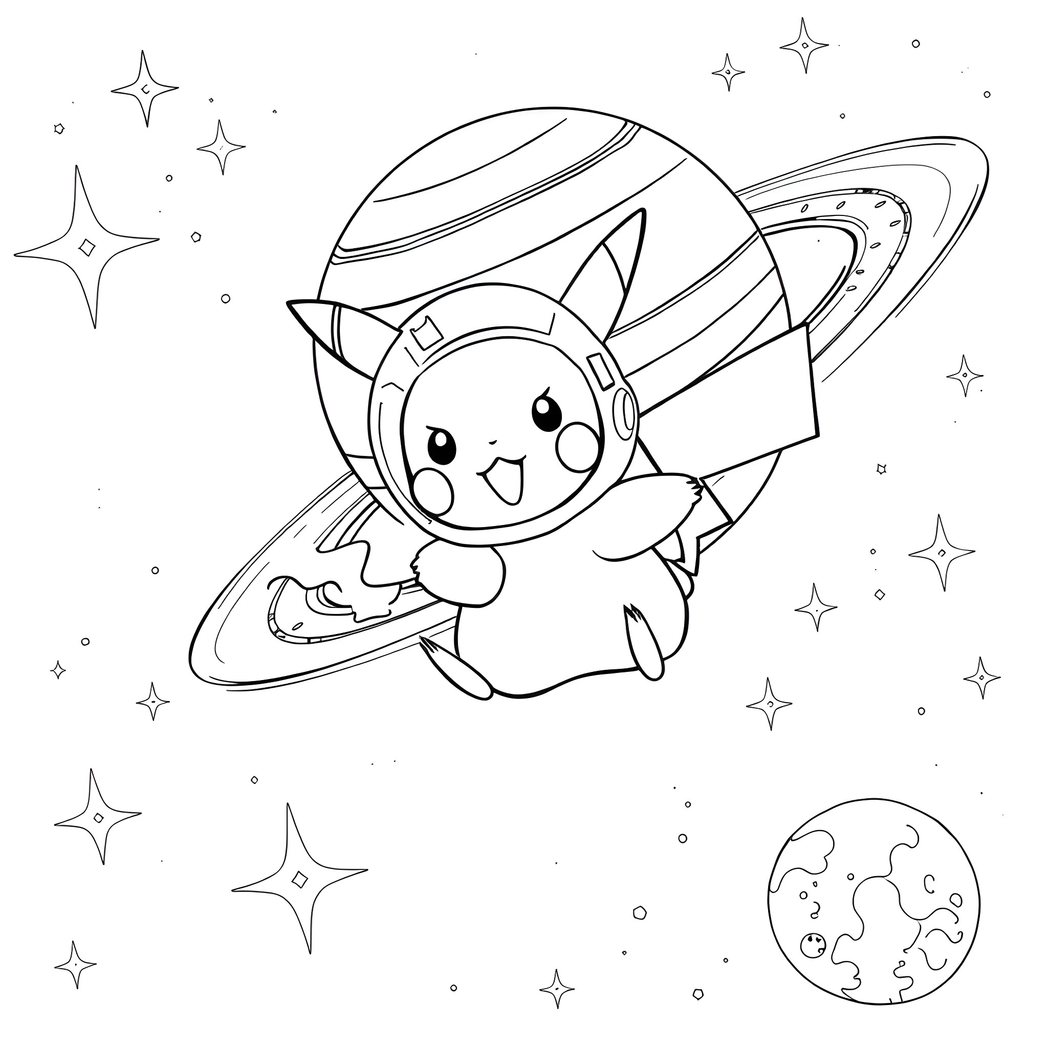 Pikachu enjoying a space adventure Coloring Page (free black-and-white line drawing printable PDF for all, from beginners to advanced learners, including children, teens, adults, and seniors)