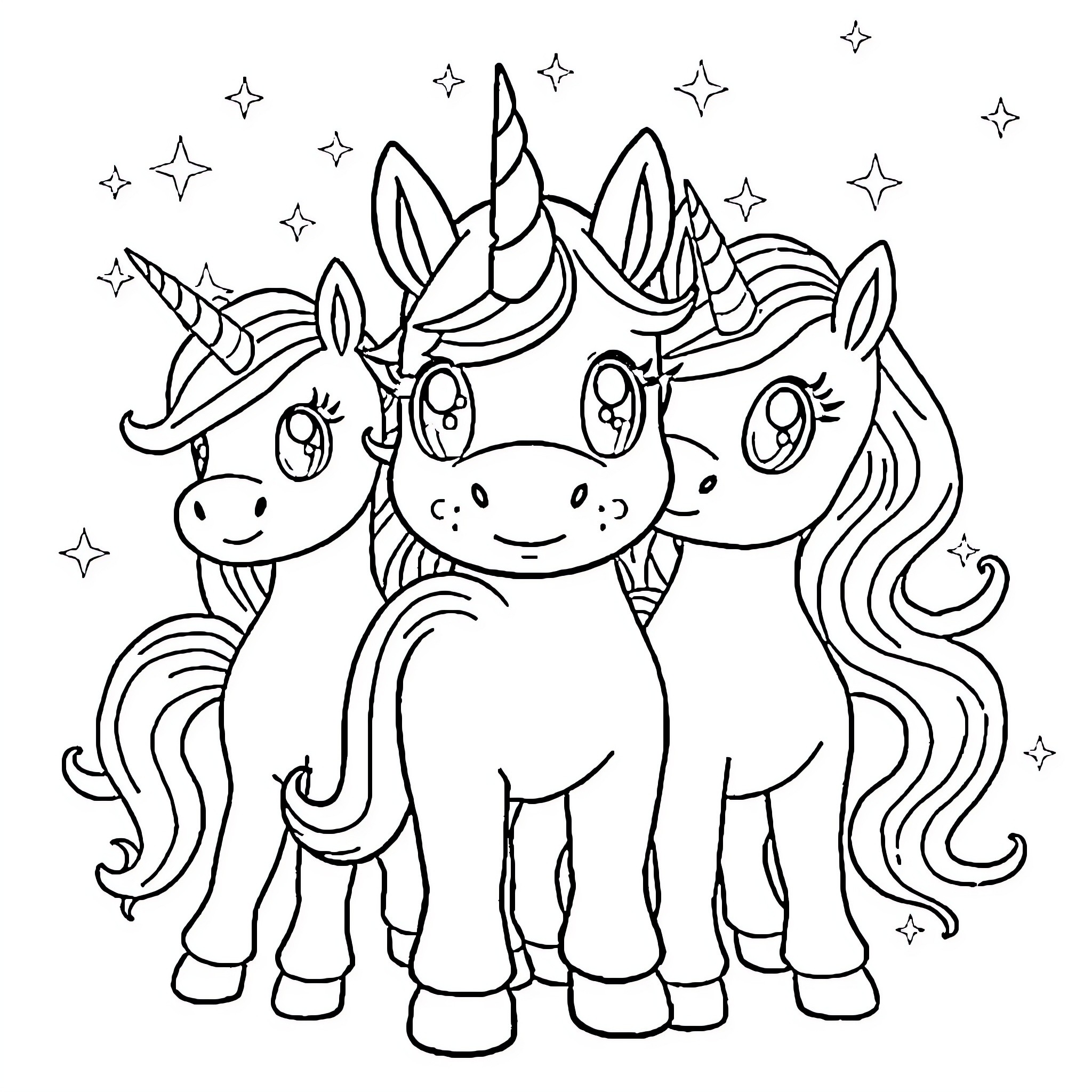 Unicorn Trio Expressing Delight and Wonder Coloring Page (free black-and-white line drawing printable PDF for all, from beginners to advanced learners, including children, teens, adults, and seniors)