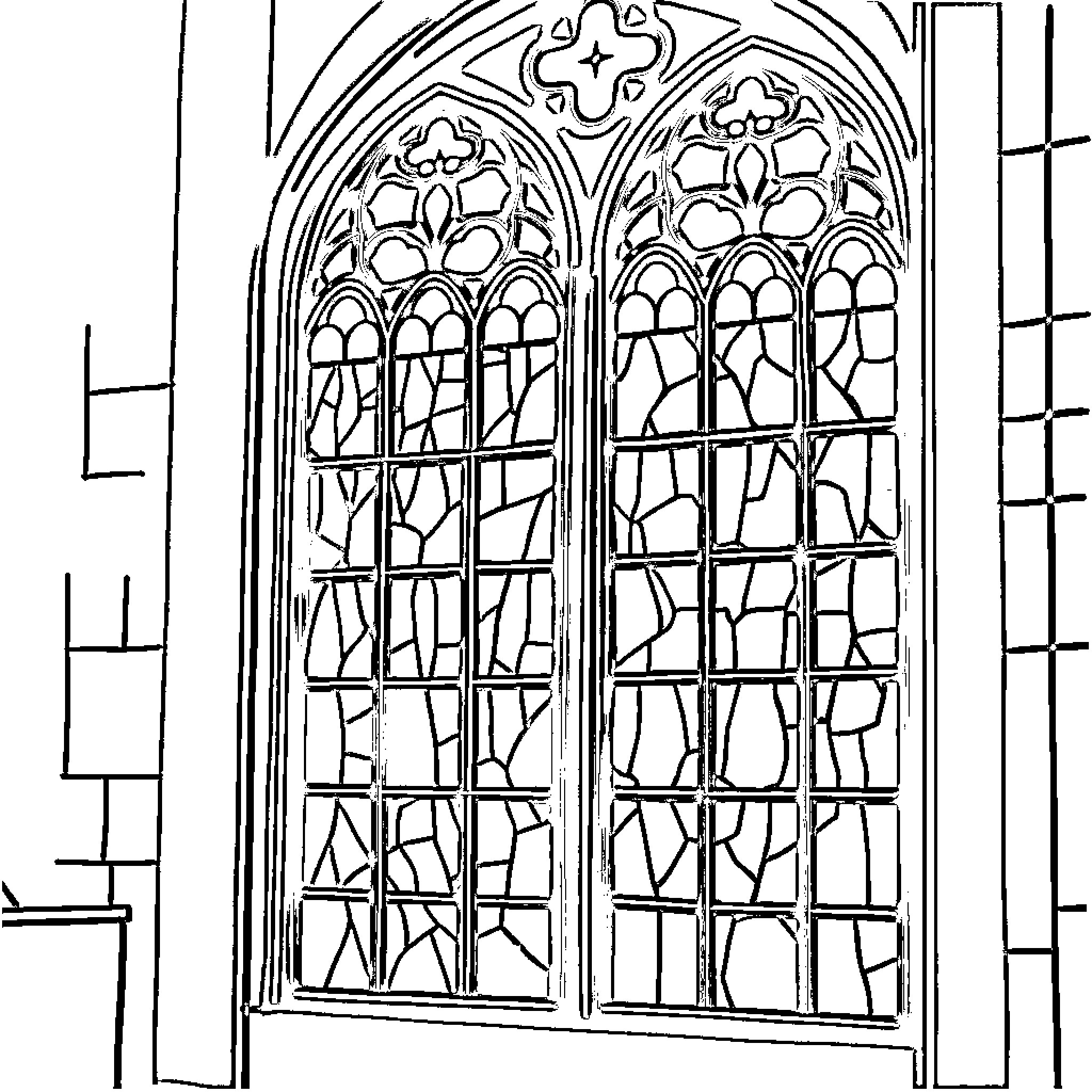 Stained Glass Window with Intricate Gothic Architecture Coloring Page (free black-and-white line drawing printable PDF for all, from beginners to advanced learners, including children, teens, adults, and seniors)