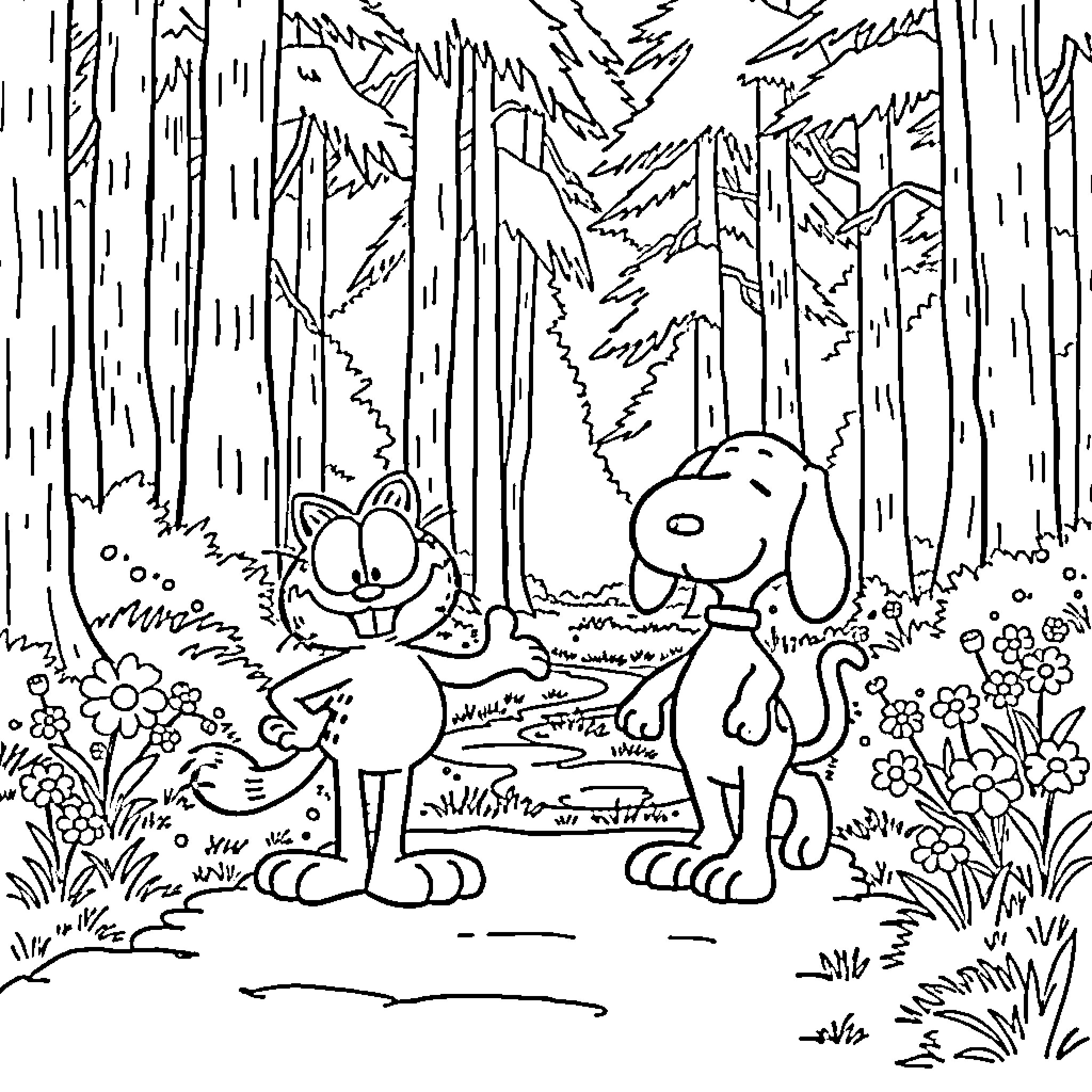 Garfield and Odie's Forest Adventure Coloring Page (free black-and-white line drawing printable PDF for all, from beginners to advanced learners, including children, teens, adults, and seniors)