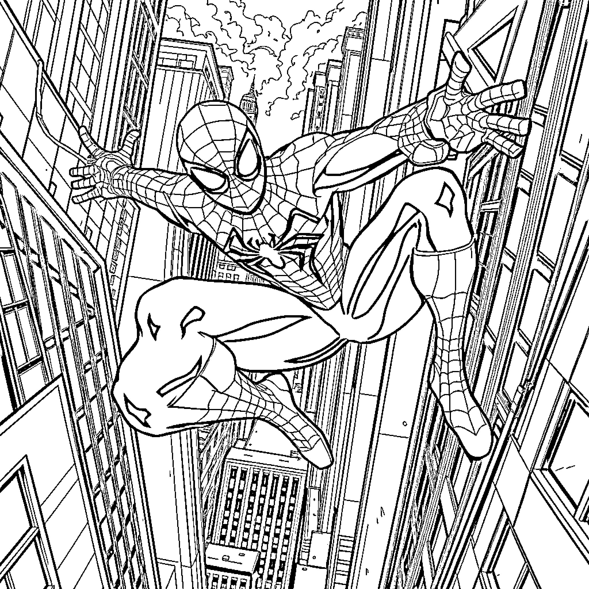 Spider-Man swinging through the city on a web Coloring Page (free black-and-white line drawing printable PDF for all, from beginners to advanced learners, including children, teens, adults, and seniors)