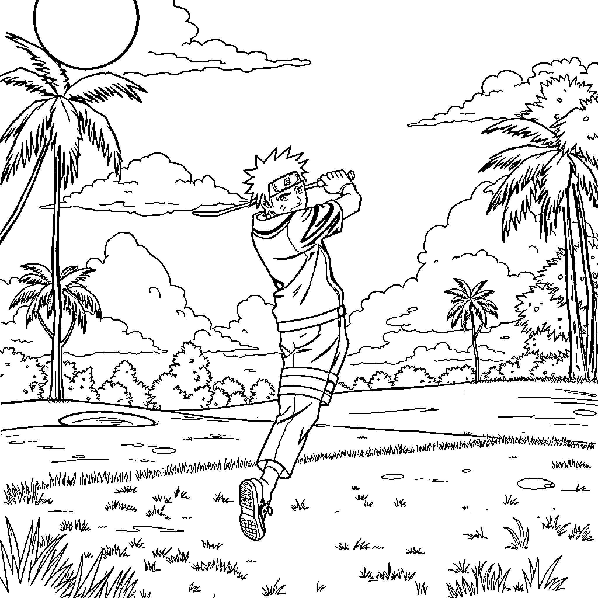 Naruto running in a tropical landscape Coloring Page (free black-and-white line drawing printable PDF for all, from beginners to advanced learners, including children, teens, adults, and seniors)