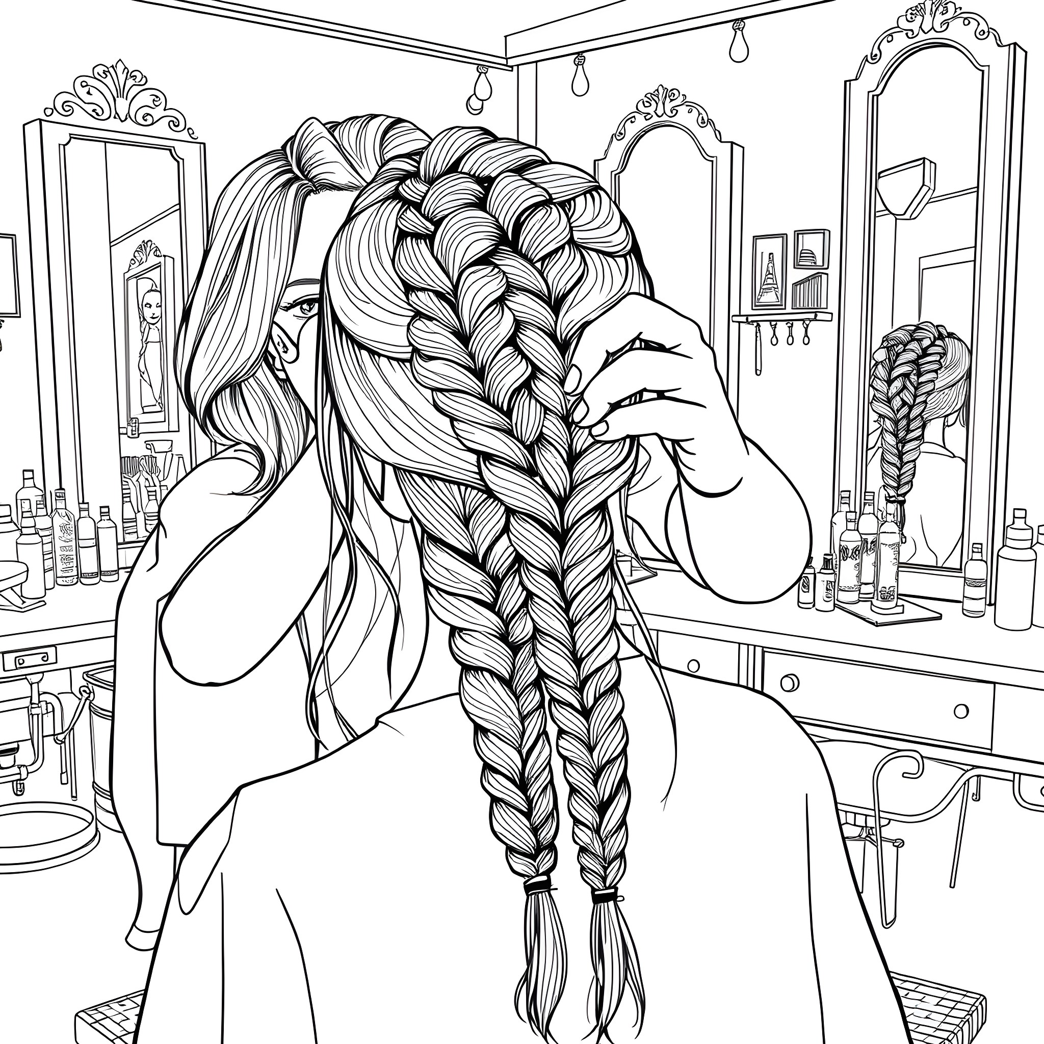 Woman braiding her long hair in a beauty salon Coloring Page (free black-and-white line drawing printable PDF for all, from beginners to advanced learners, including children, teens, adults, and seniors)
