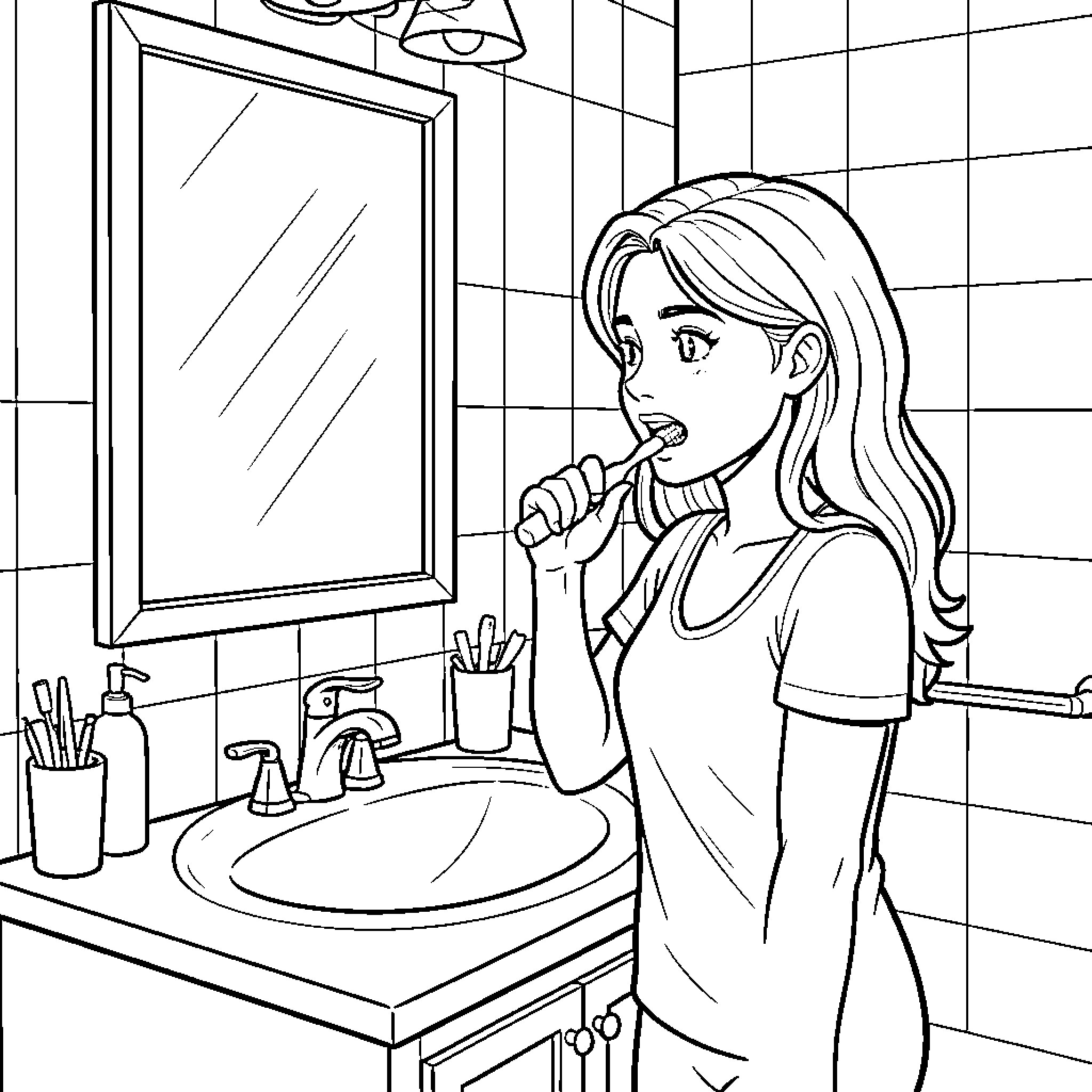 Vaïna brushing her teeth in the bathroom Coloring Page (free black-and-white line drawing printable PDF for all, from beginners to advanced learners, including children, teens, adults, and seniors)