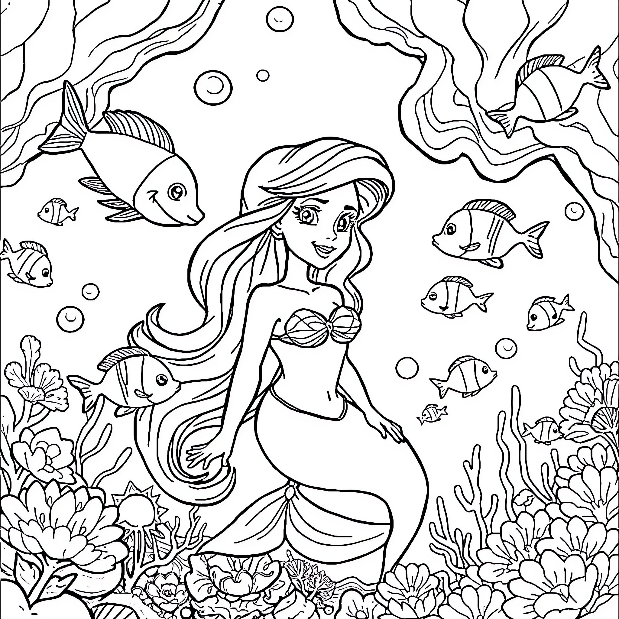 Ariel Exploring the Underwater Wonderland Coloring Page (free black-and-white line drawing printable PDF for all, from beginners to advanced learners, including children, teens, adults, and seniors)