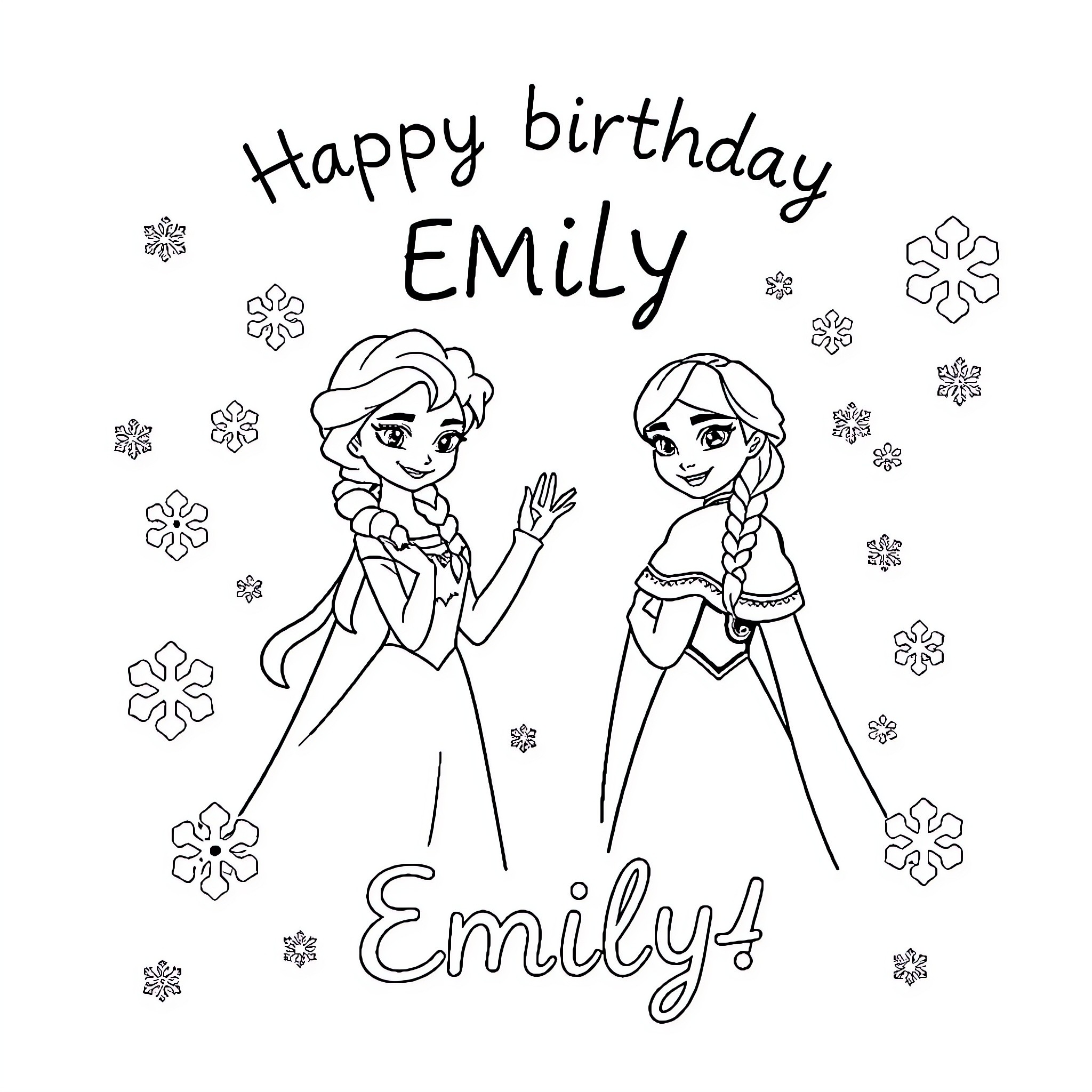 Frozen characters celebrate Emily's birthday Coloring Page (free black-and-white line drawing printable PDF for all, from beginners to advanced learners, including children, teens, adults, and seniors)