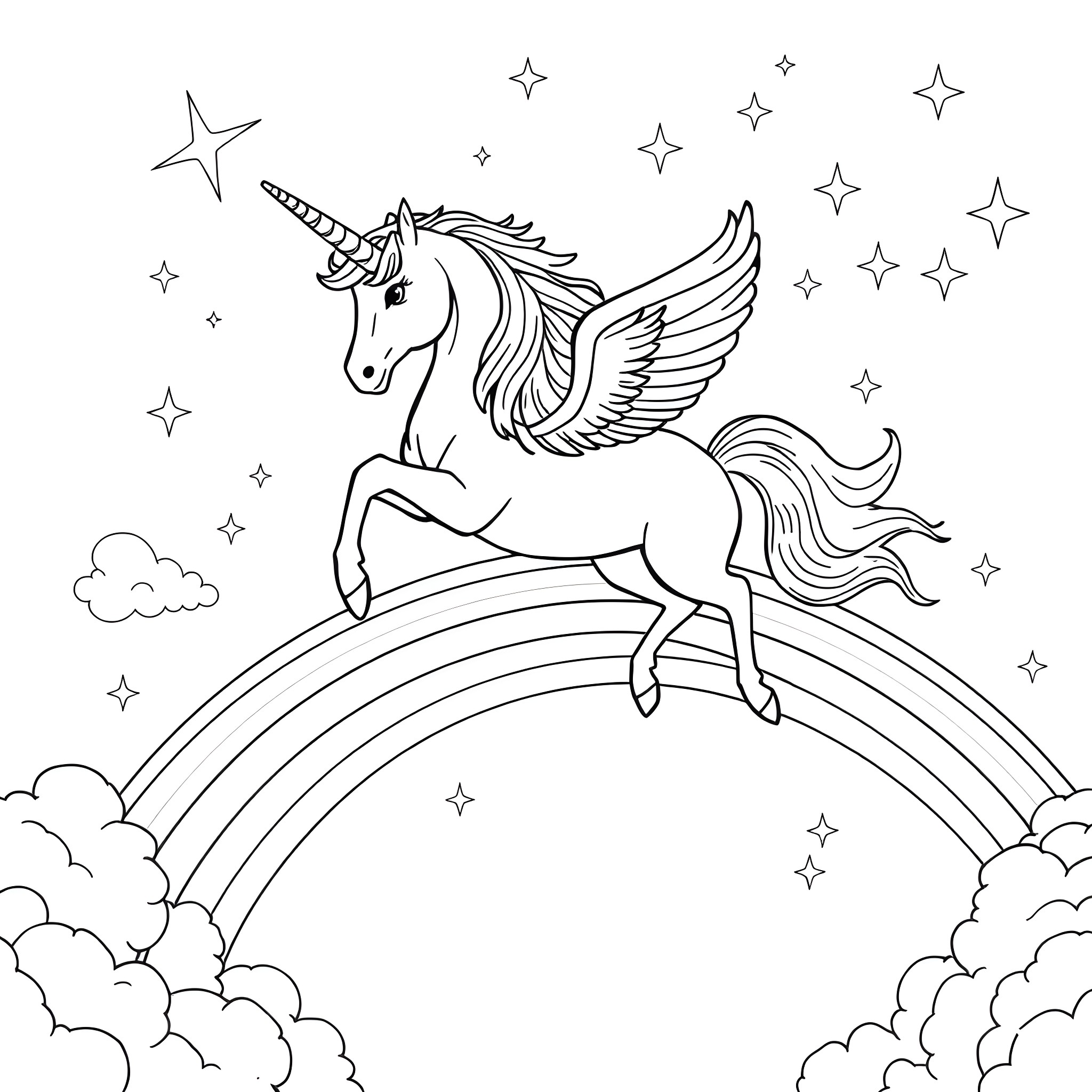 Unicorn flying over rainbow in starry sky Coloring Page (free black-and-white line drawing printable PDF for all, from beginners to advanced learners, including children, teens, adults, and seniors)