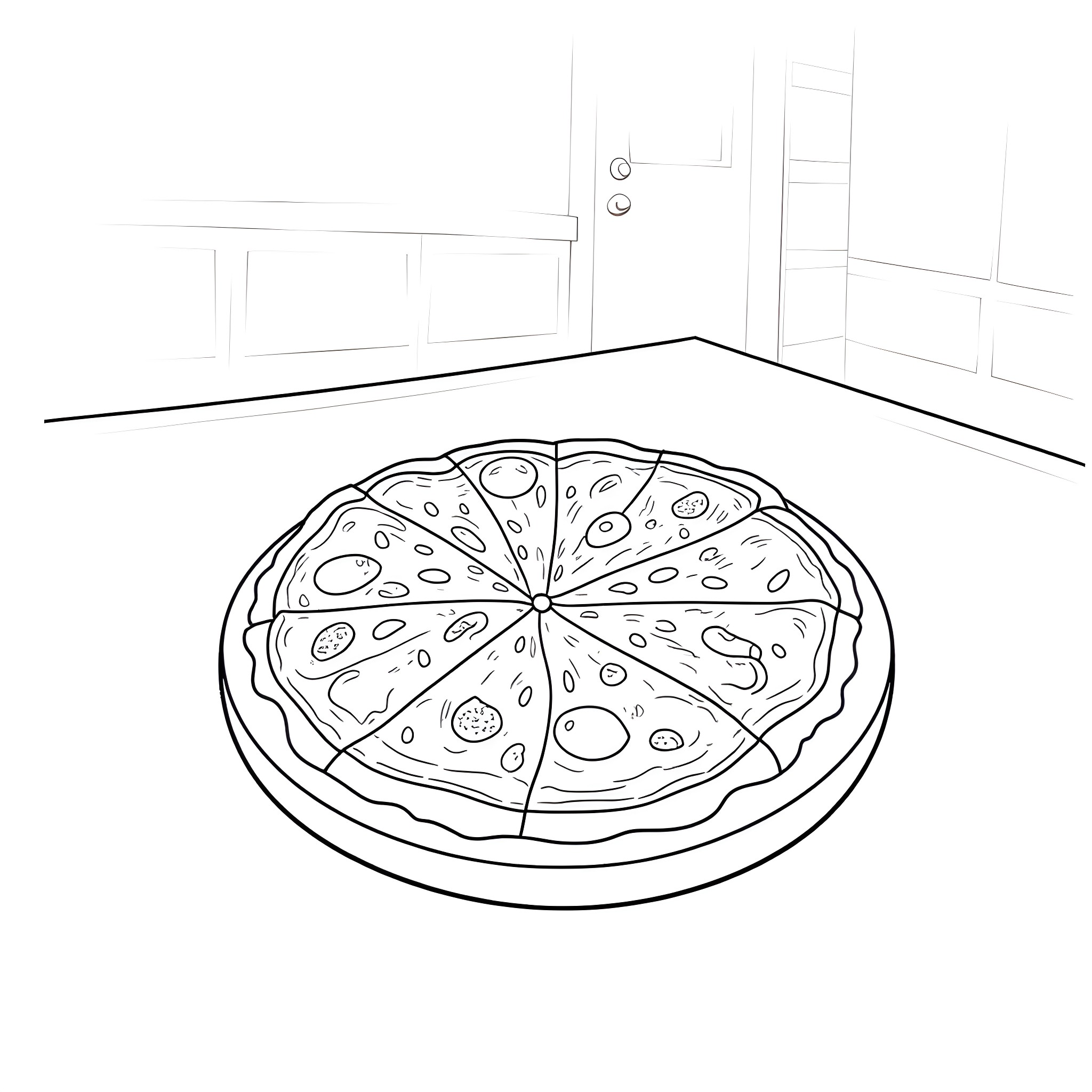 Pizza in an empty room Coloring Page (free black-and-white line drawing printable PDF for all, from beginners to advanced learners, including children, teens, adults, and seniors)