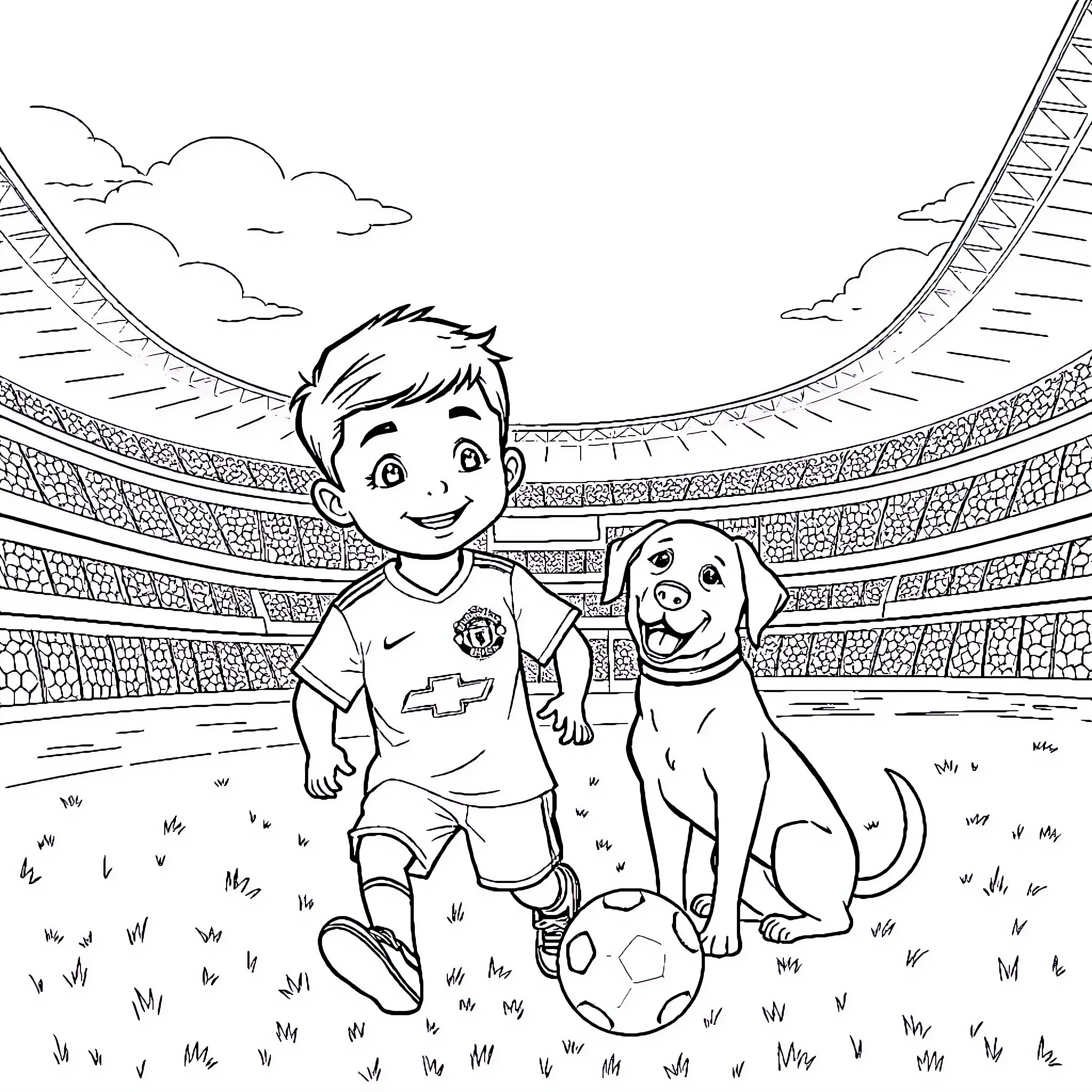 Boy and his dog playing soccer in the stadium Coloring Page (free black-and-white line drawing printable PDF for all, from beginners to advanced learners, including children, teens, adults, and seniors)