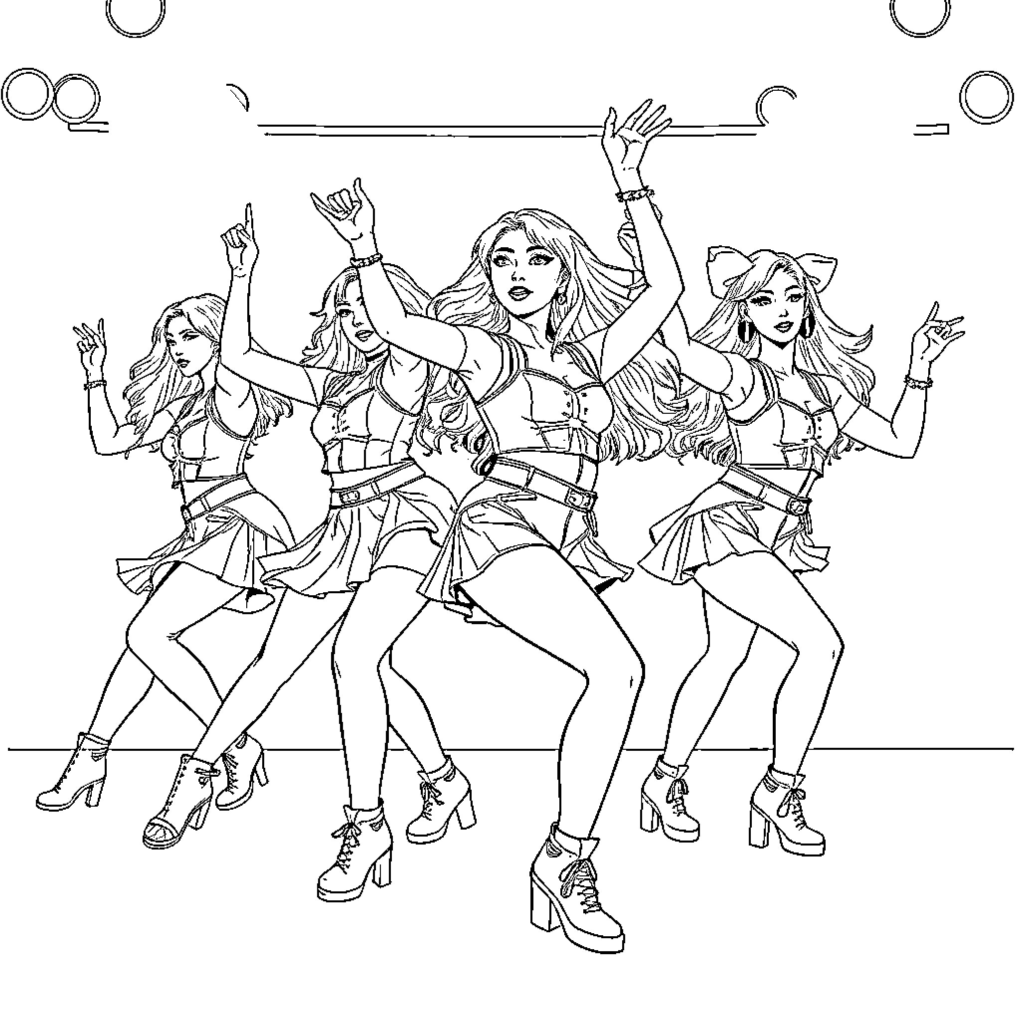 Kpop Warriors Performing Dynamic Dance Moves Coloring Page (free black-and-white line drawing printable PDF for all, from beginners to advanced learners, including children, teens, adults, and seniors)