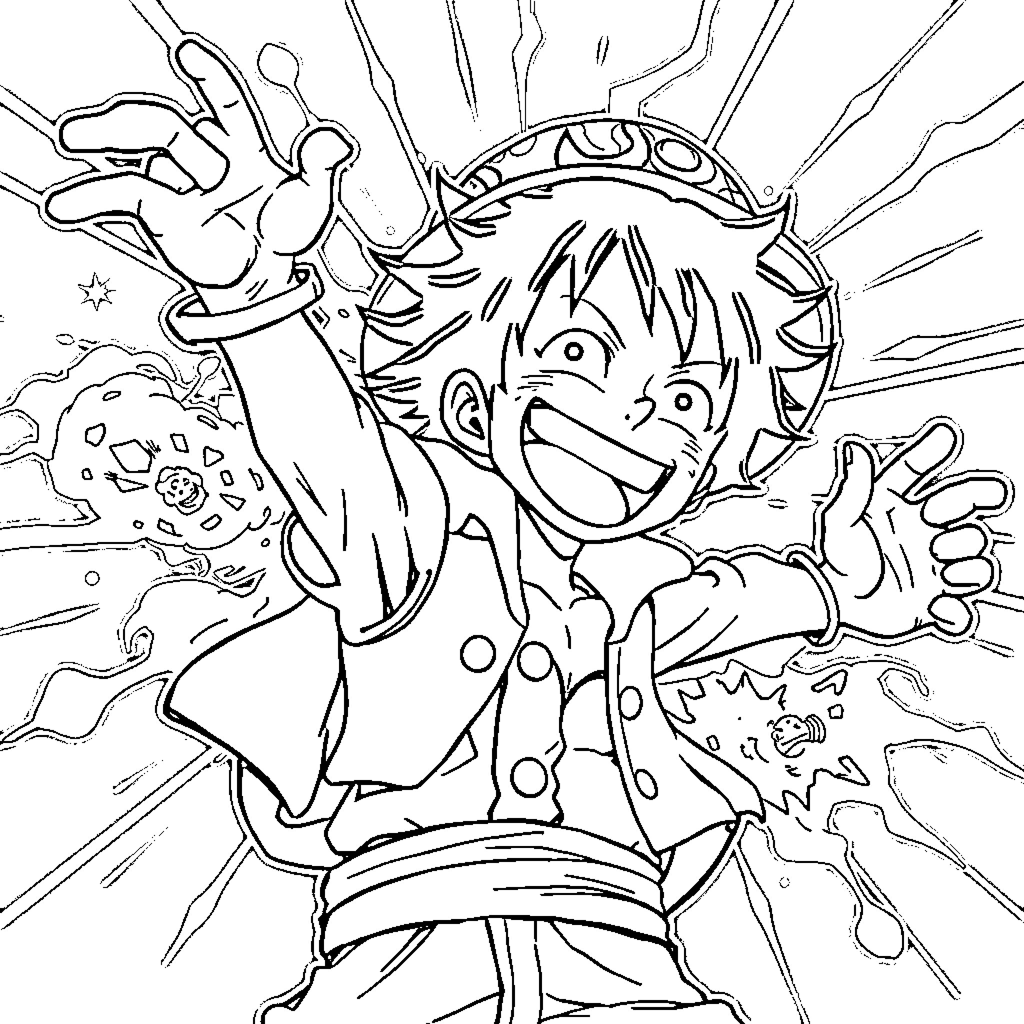 Luffy's Energetic Anime Adventure Coloring Page (free black-and-white line drawing printable PDF for all, from beginners to advanced learners, including children, teens, adults, and seniors)