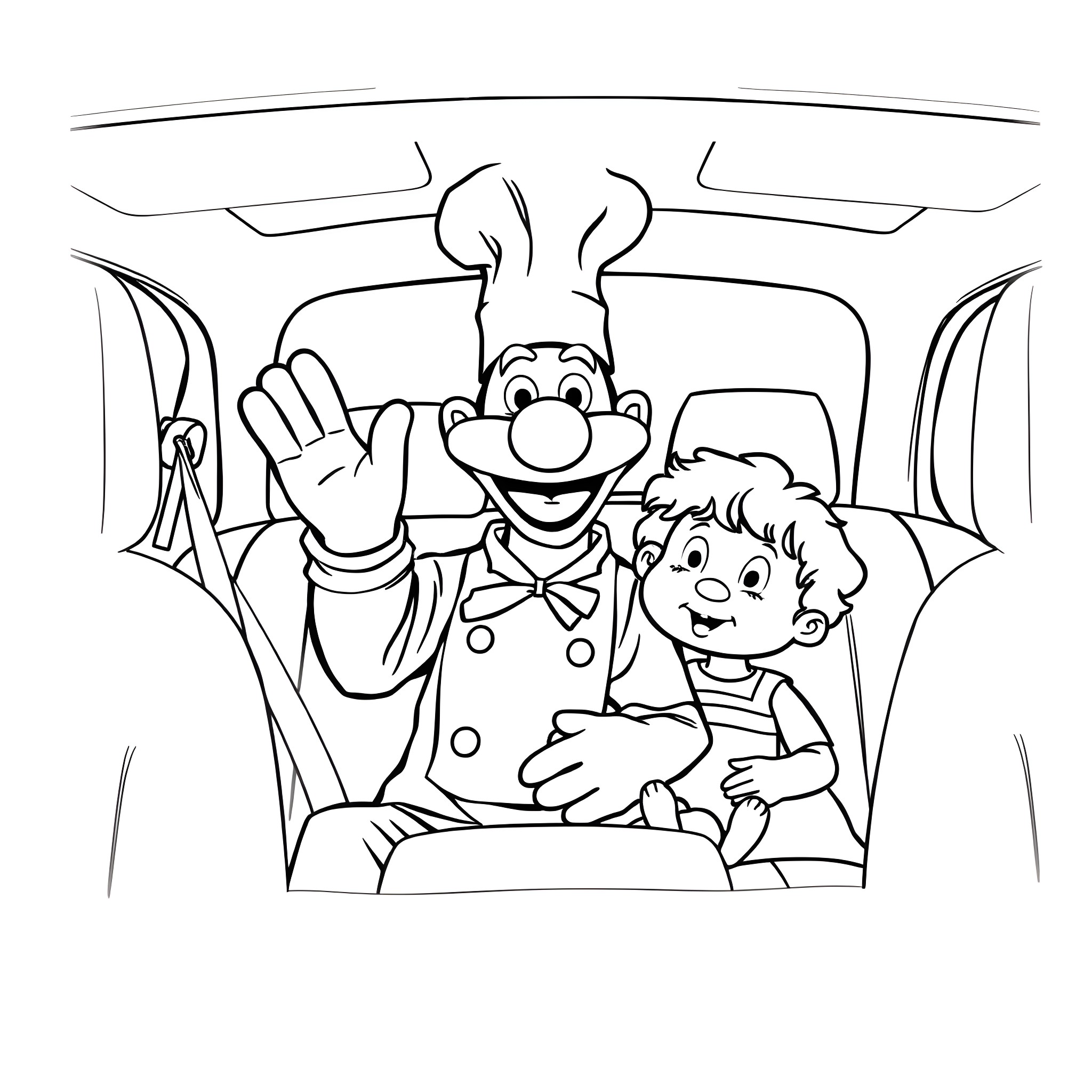 Puppet Characters Waving in a Car Coloring Page (free black-and-white line drawing printable PDF for all, from beginners to advanced learners, including children, teens, adults, and seniors)