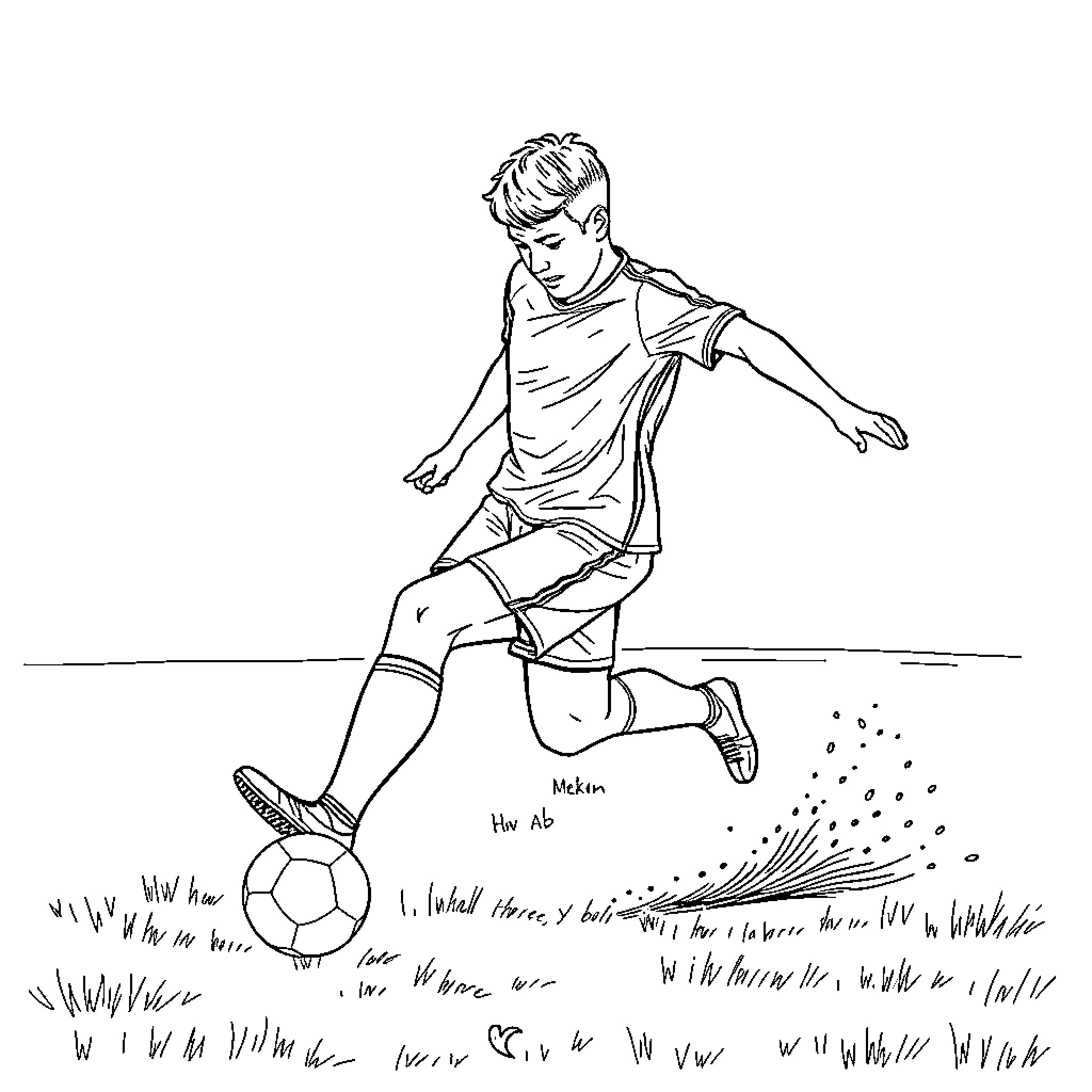 Soccer Ball Player Dribbling on Grassy Field Coloring Page (free black-and-white line drawing printable PDF for all, from beginners to advanced learners, including children, teens, adults, and seniors)