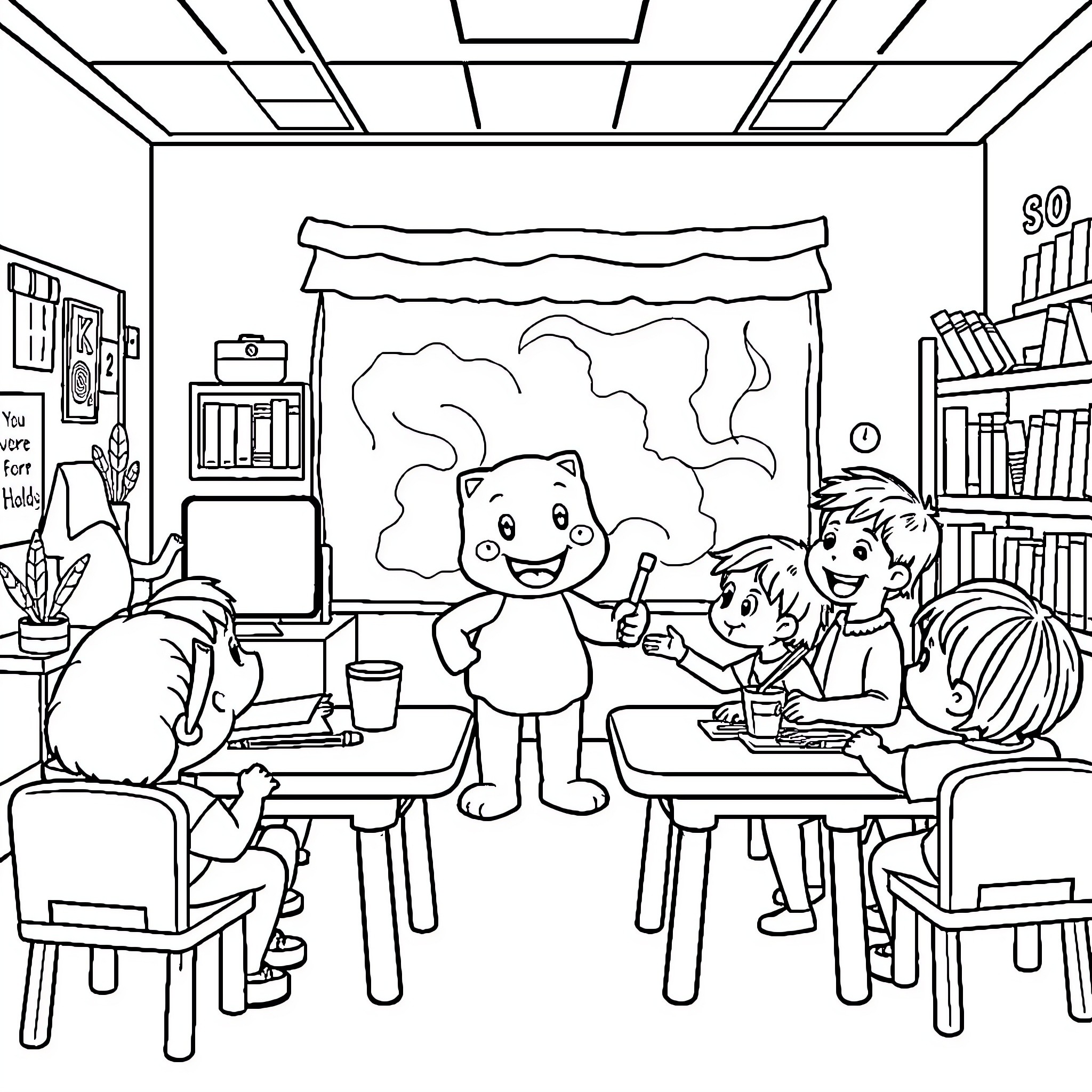 Bluey and Friends Playing in the Classroom Coloring Page (free black-and-white line drawing printable PDF for all, from beginners to advanced learners, including children, teens, adults, and seniors)