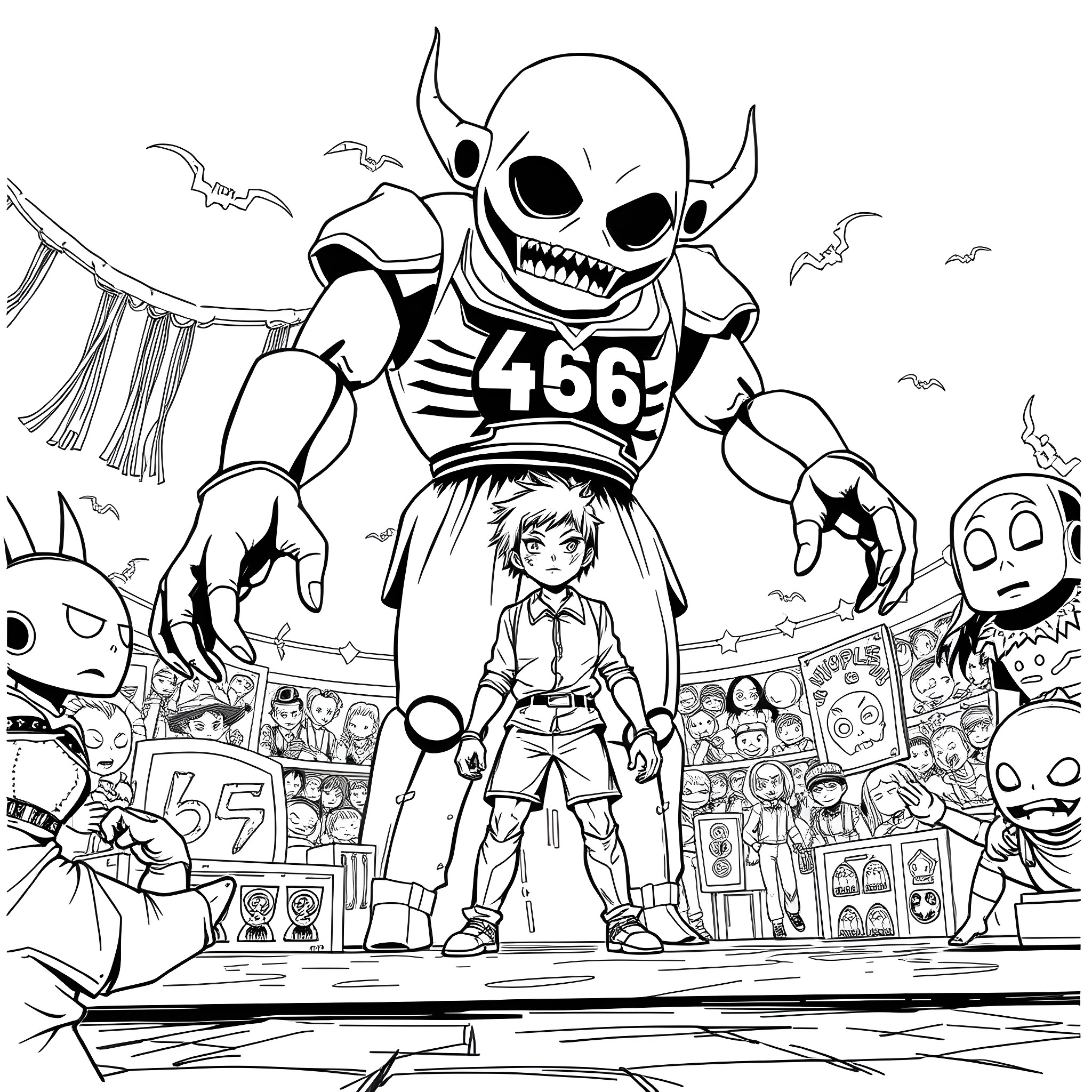 Squid-like creature terrorizing child in spooky carnival Coloring Page (free black-and-white line drawing printable PDF for all, from beginners to advanced learners, including children, teens, adults, and seniors)