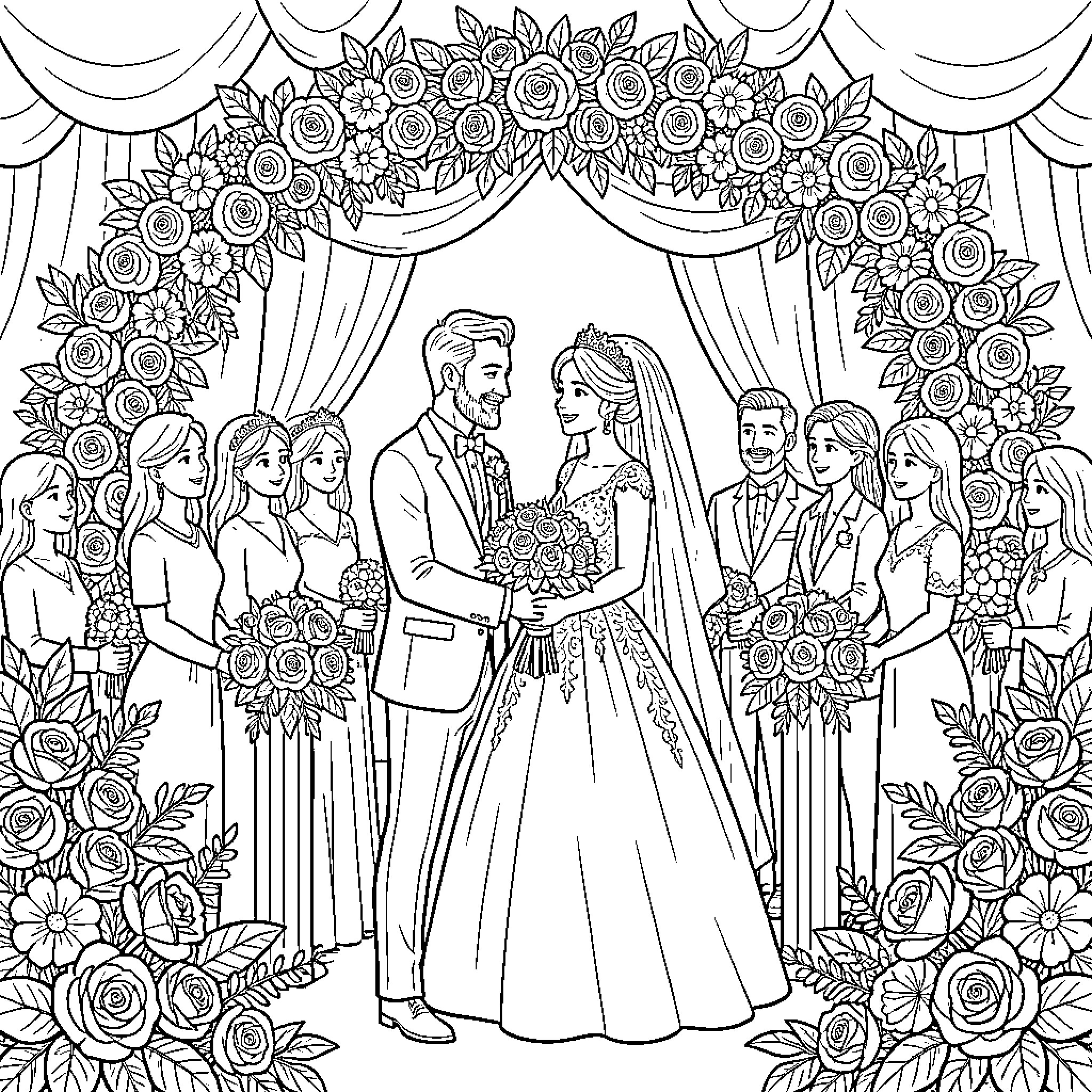 Marriage ceremony with bride and groom exchanging vows Coloring Page (free black-and-white line drawing printable PDF for all, from beginners to advanced learners, including children, teens, adults, and seniors)
