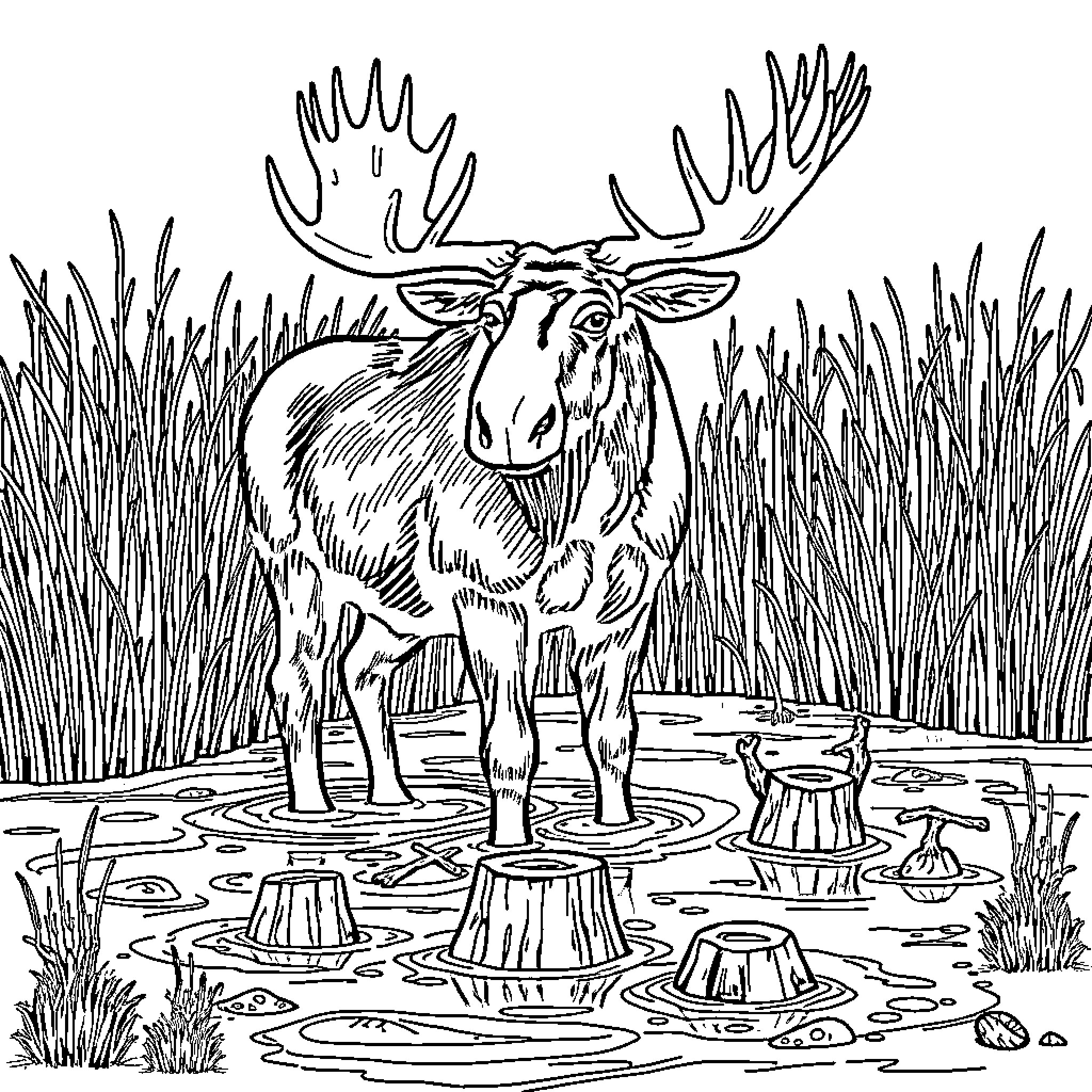 Moose standing tall in the wilderness Coloring Page (free black-and-white line drawing printable PDF for all, from beginners to advanced learners, including children, teens, adults, and seniors)
