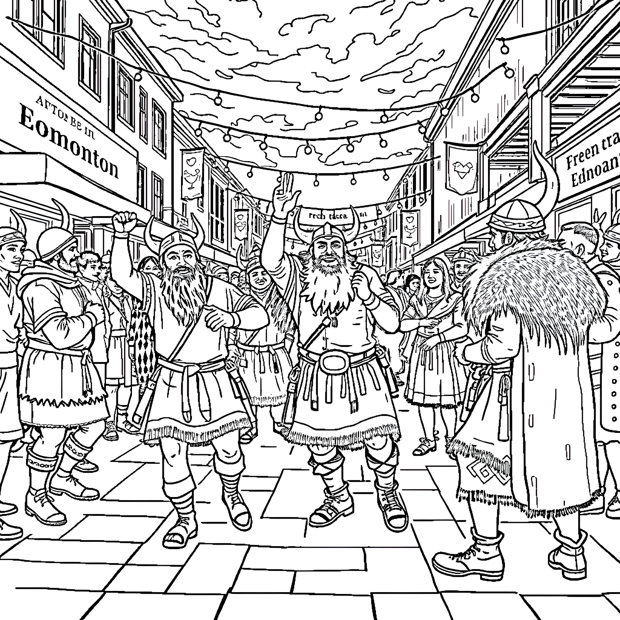 Viking Festival Celebration in the Streets Coloring Page (free black-and-white line drawing printable PDF for all, from beginners to advanced learners, including children, teens, adults, and seniors)
