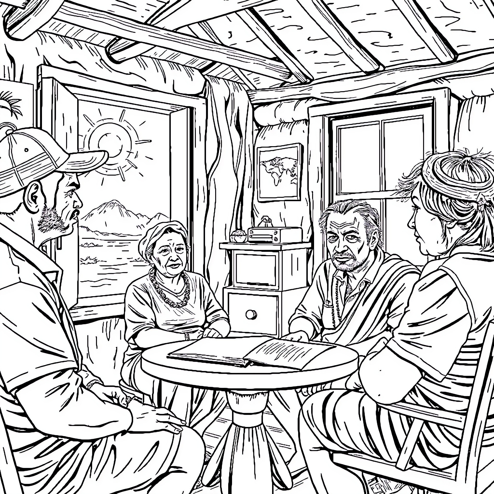 Fishermen sharing stories and memories in a cozy cabin Coloring Page (free black-and-white line drawing printable PDF for all, from beginners to advanced learners, including children, teens, adults, and seniors)