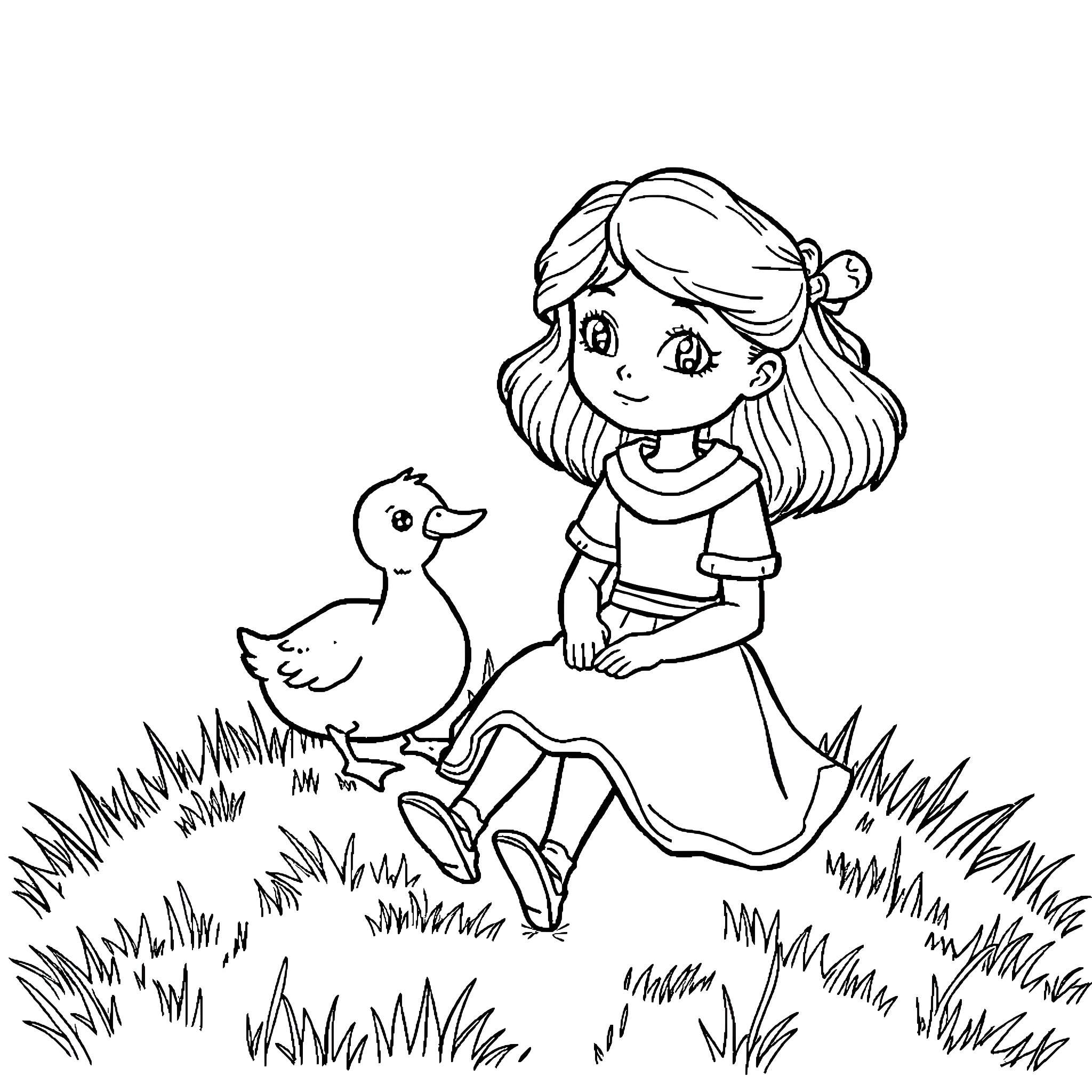 Sarah and Duck playing with a duckling in the meadow Coloring Page (free black-and-white line drawing printable PDF for all, from beginners to advanced learners, including children, teens, adults, and seniors)