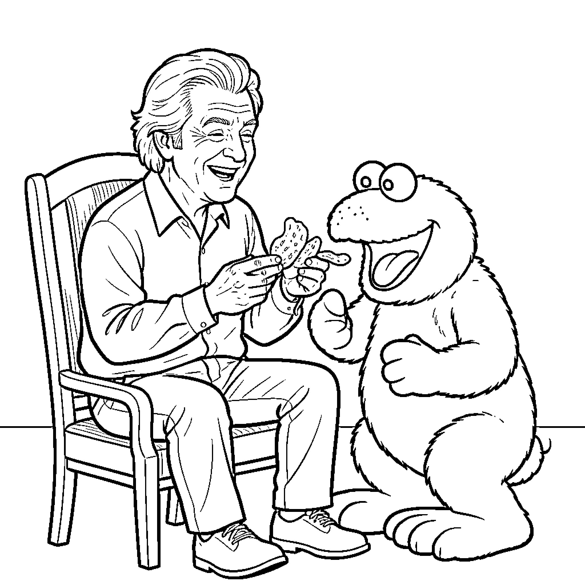 George Carlin laughing while sharing cookies with a monster Coloring Page (free black-and-white line drawing printable PDF for all, from beginners to advanced learners, including children, teens, adults, and seniors)