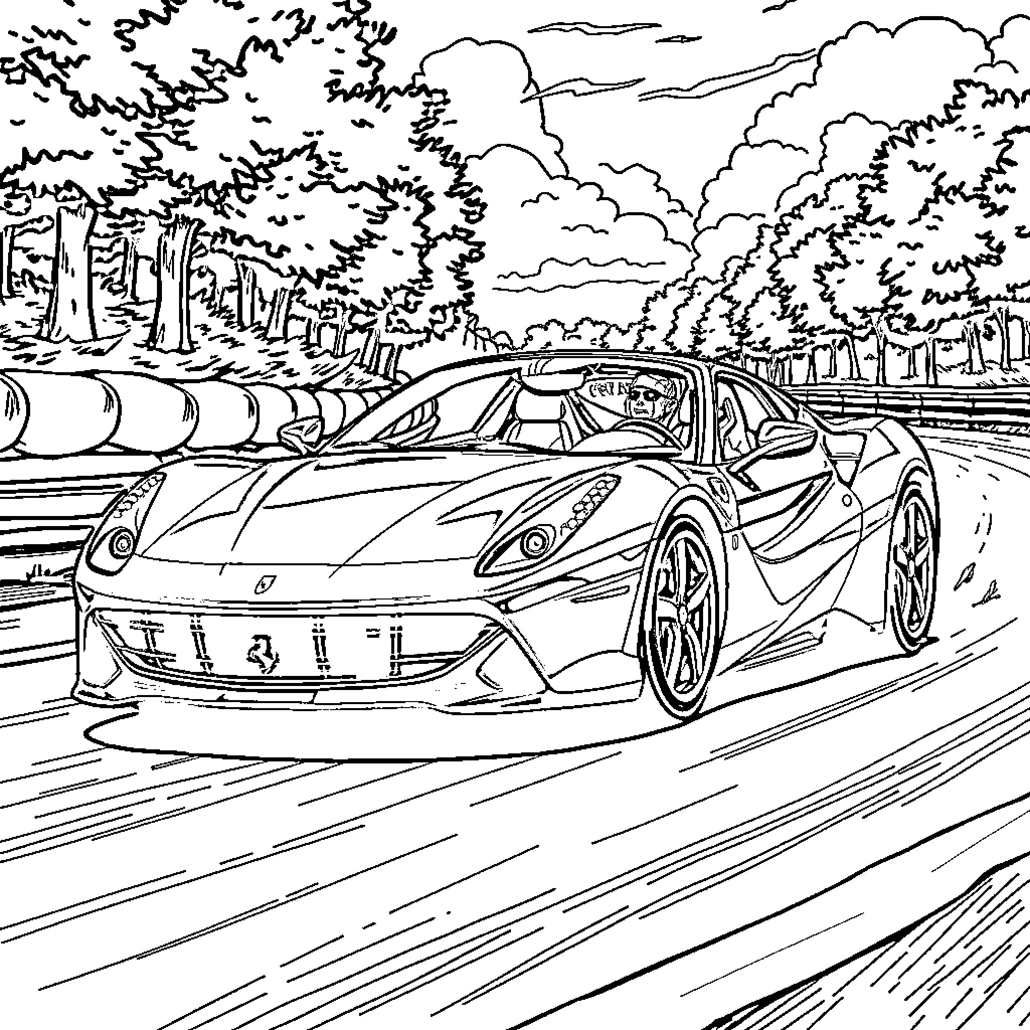 Marcus driving a sleek sports car through a winding forest road Coloring Page (free black-and-white line drawing printable PDF for all, from beginners to advanced learners, including children, teens, adults, and seniors)