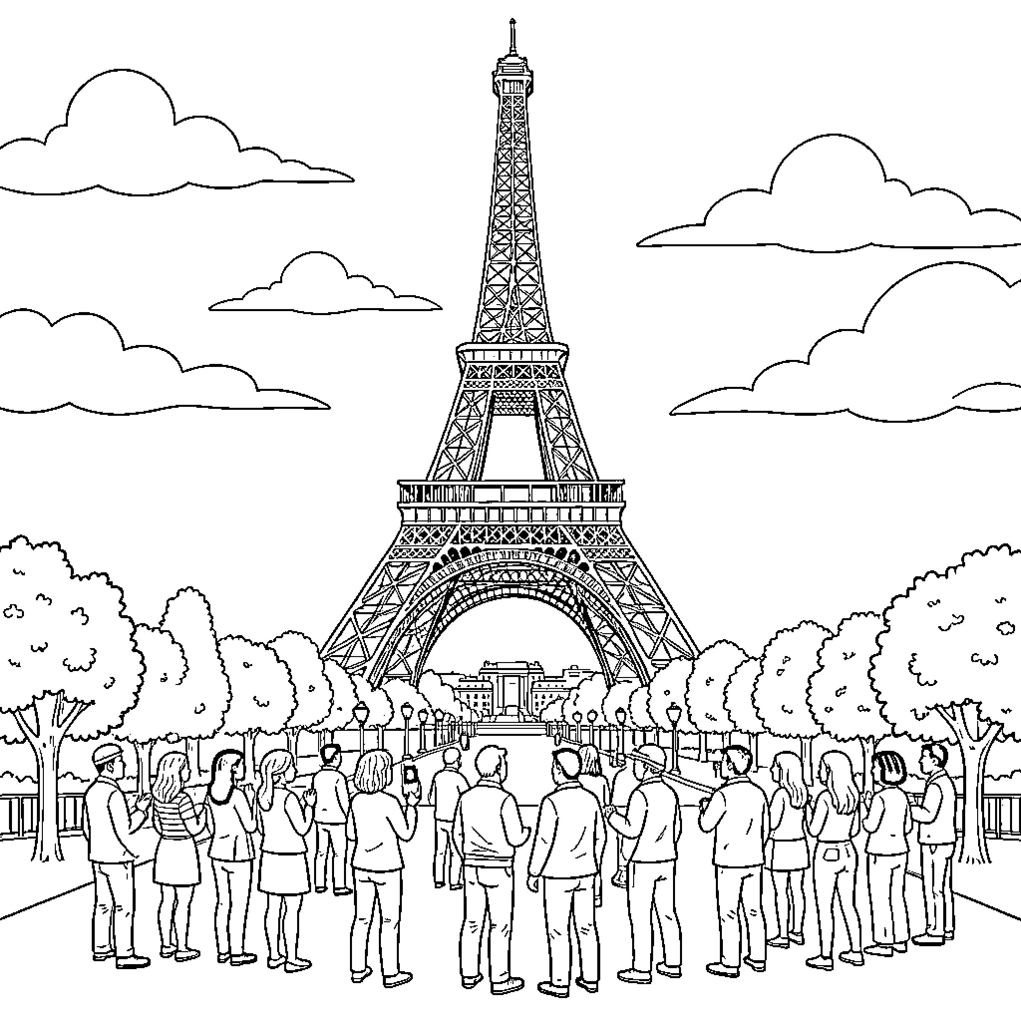 Eiffel Tower viewed by tourists taking photos Coloring Page (free black-and-white line drawing printable PDF for all, from beginners to advanced learners, including children, teens, adults, and seniors)