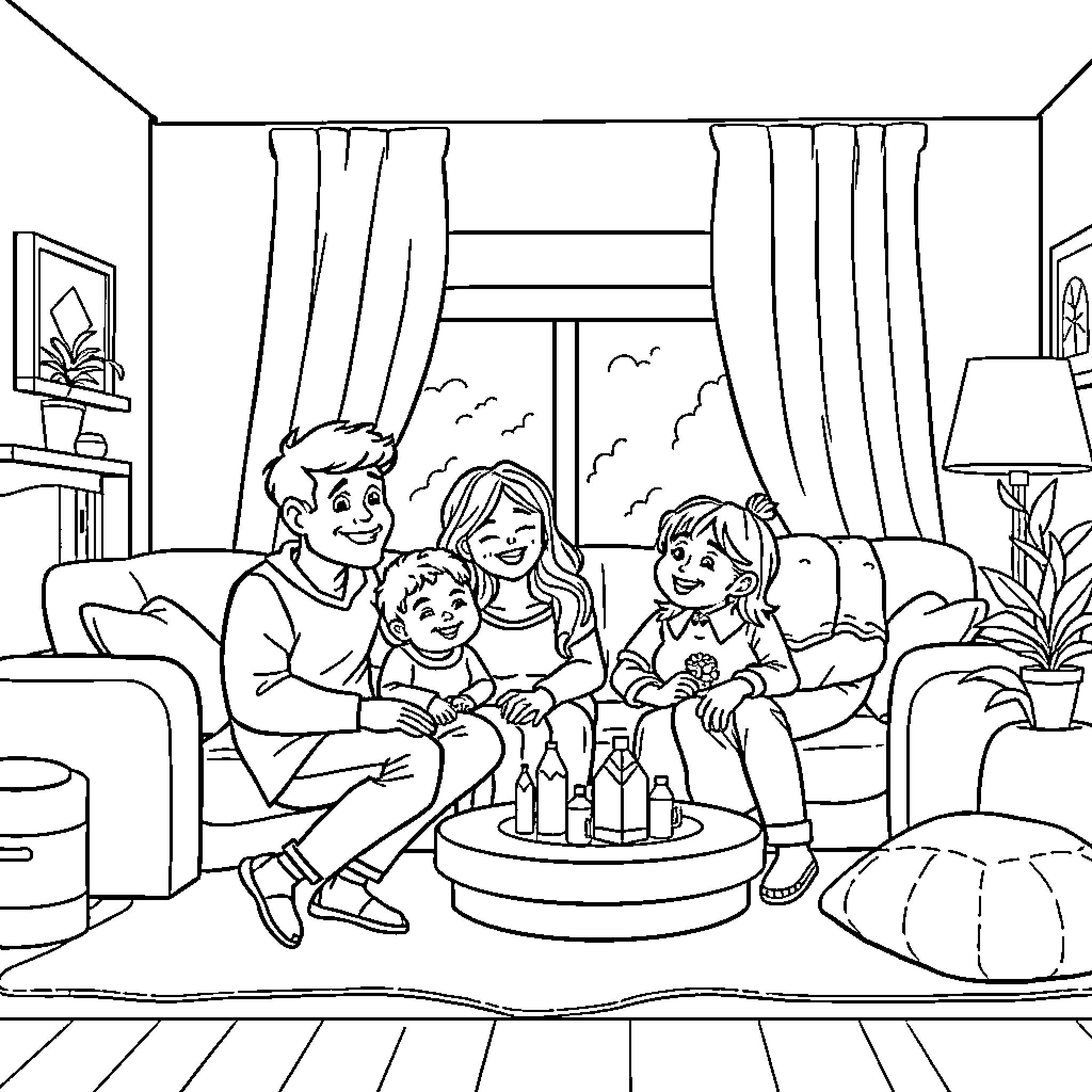 Family enjoying quality time together at home Coloring Page (free black-and-white line drawing printable PDF for all, from beginners to advanced learners, including children, teens, adults, and seniors)