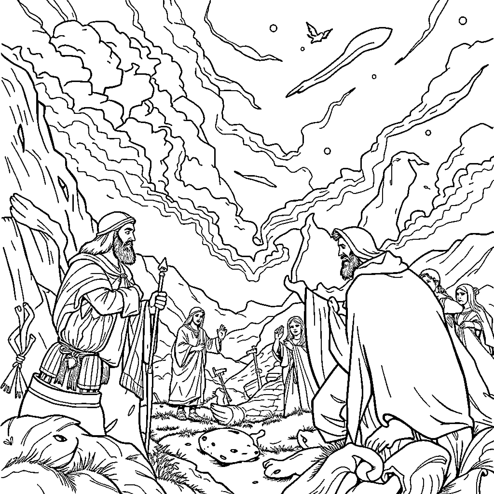 Bible Story of Two Men Talking in Desert Landscape Coloring Page (free black-and-white line drawing printable PDF for all, from beginners to advanced learners, including children, teens, adults, and seniors)