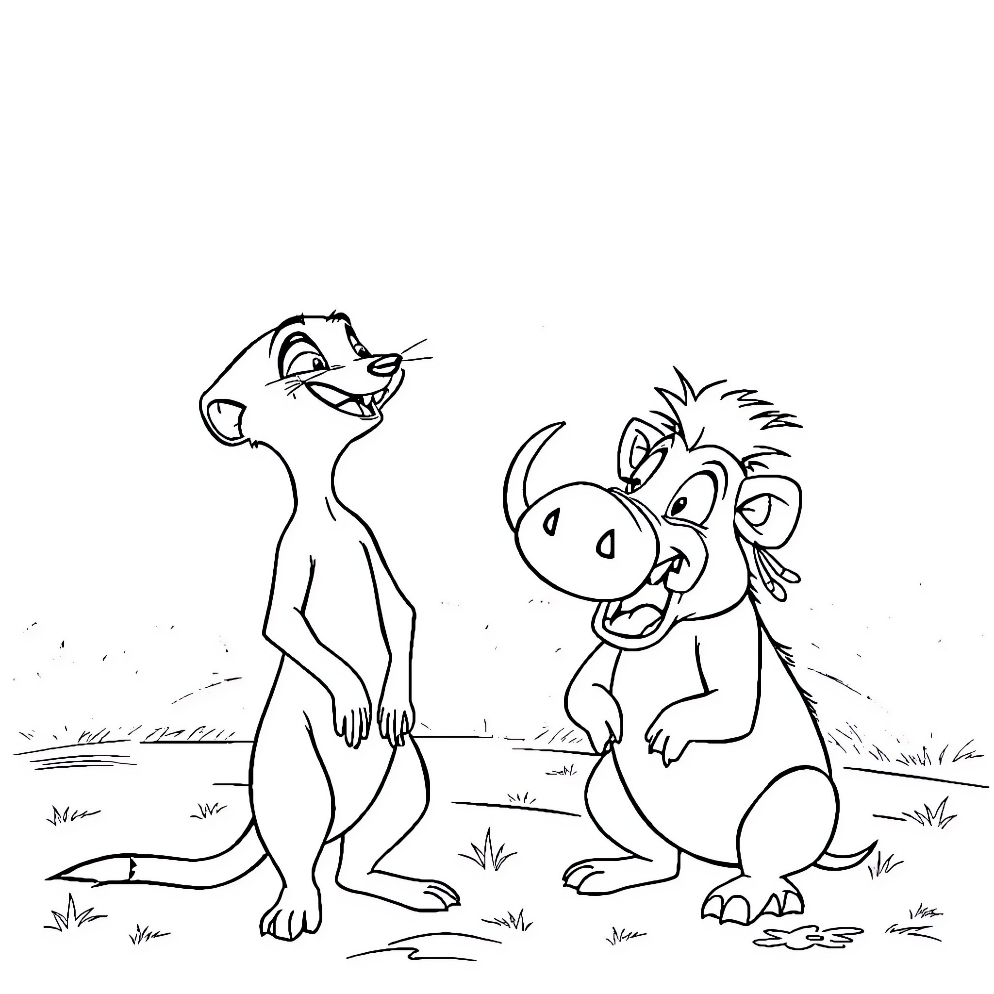 Timon and Pumbaa enjoying a friendly moment Coloring Page (free black-and-white line drawing printable PDF for all, from beginners to advanced learners, including children, teens, adults, and seniors)