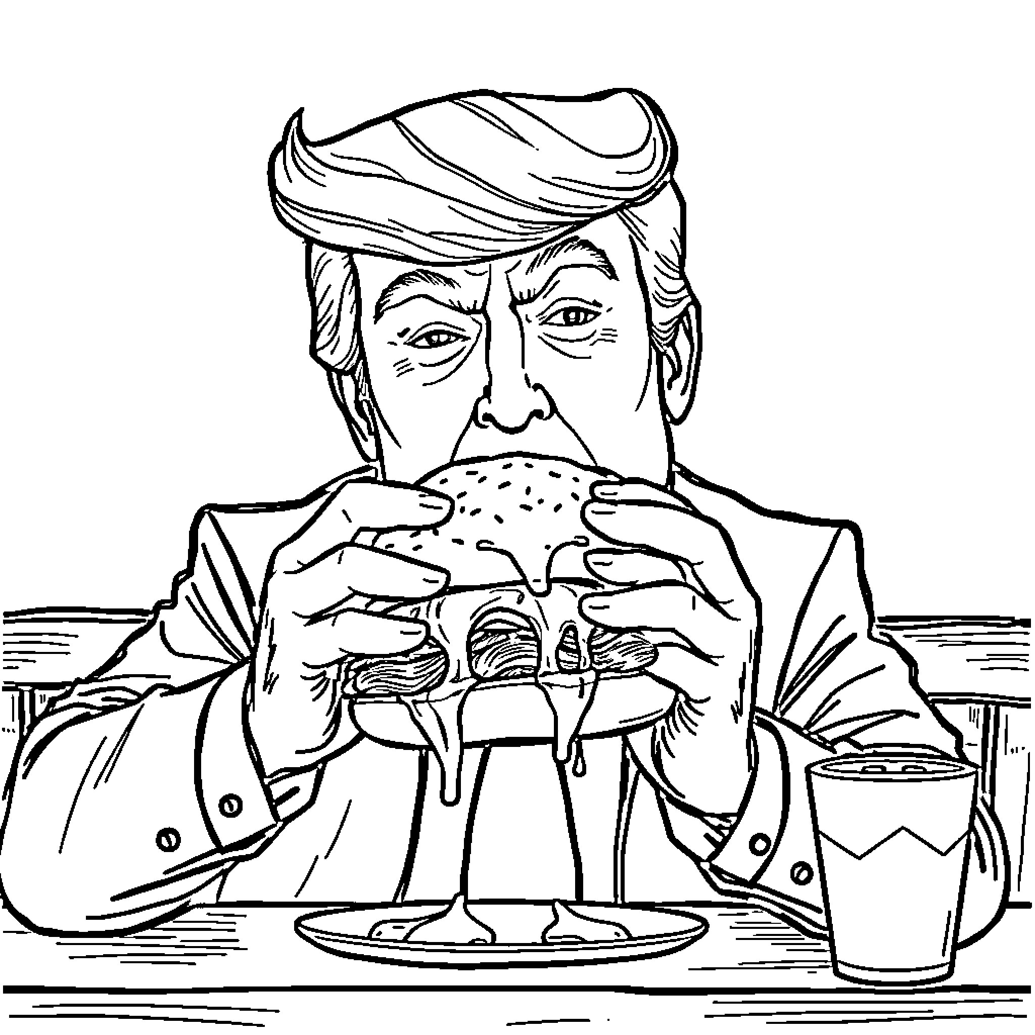 Donald Trump Enjoying a Delicious Burger Coloring Page (free black-and-white line drawing printable PDF for all, from beginners to advanced learners, including children, teens, adults, and seniors)