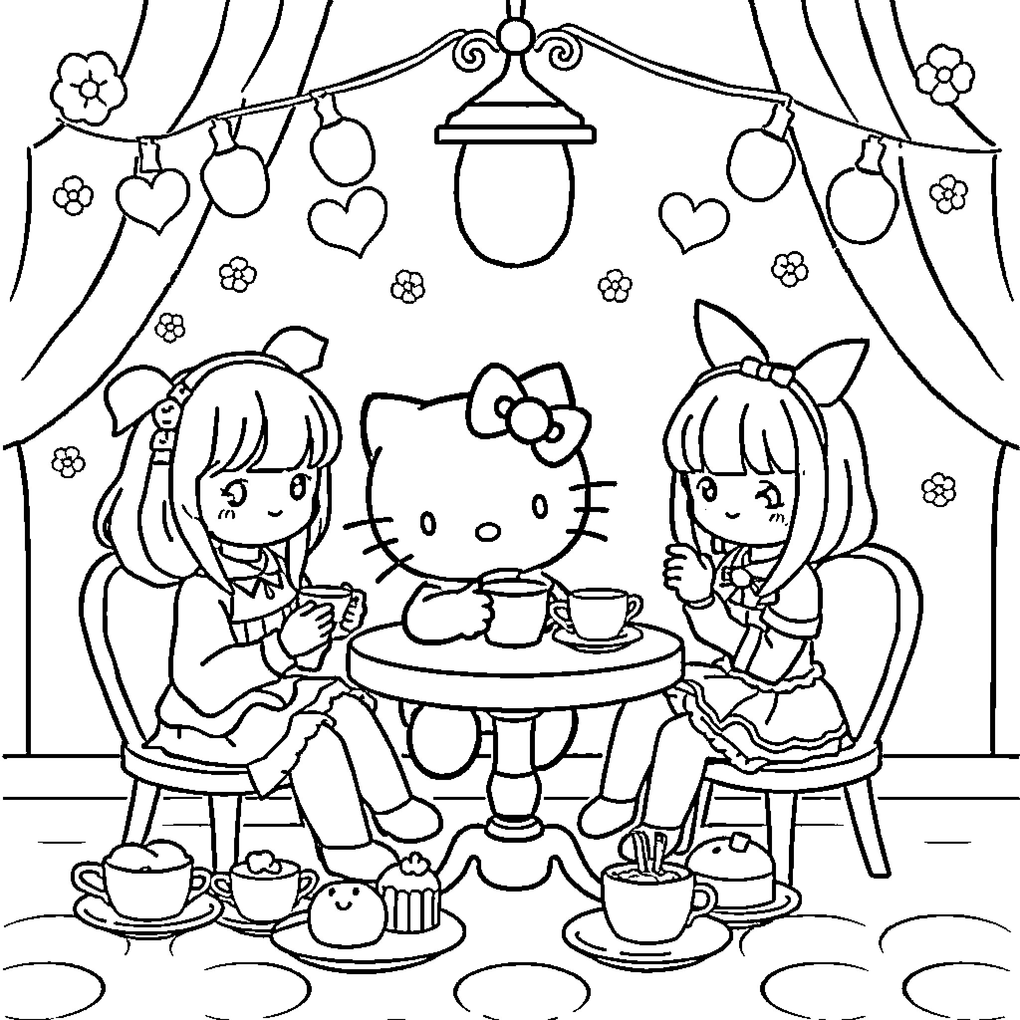 Hello Kitty and Friends Enjoying a Tea Party Coloring Page (free black-and-white line drawing printable PDF for all, from beginners to advanced learners, including children, teens, adults, and seniors)