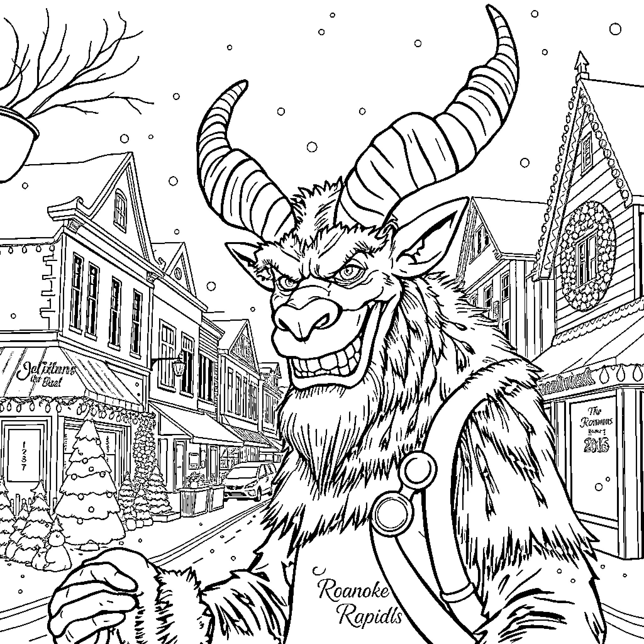 Krampus Terrorizing a Winter Town Coloring Page (free black-and-white line drawing printable PDF for all, from beginners to advanced learners, including children, teens, adults, and seniors)