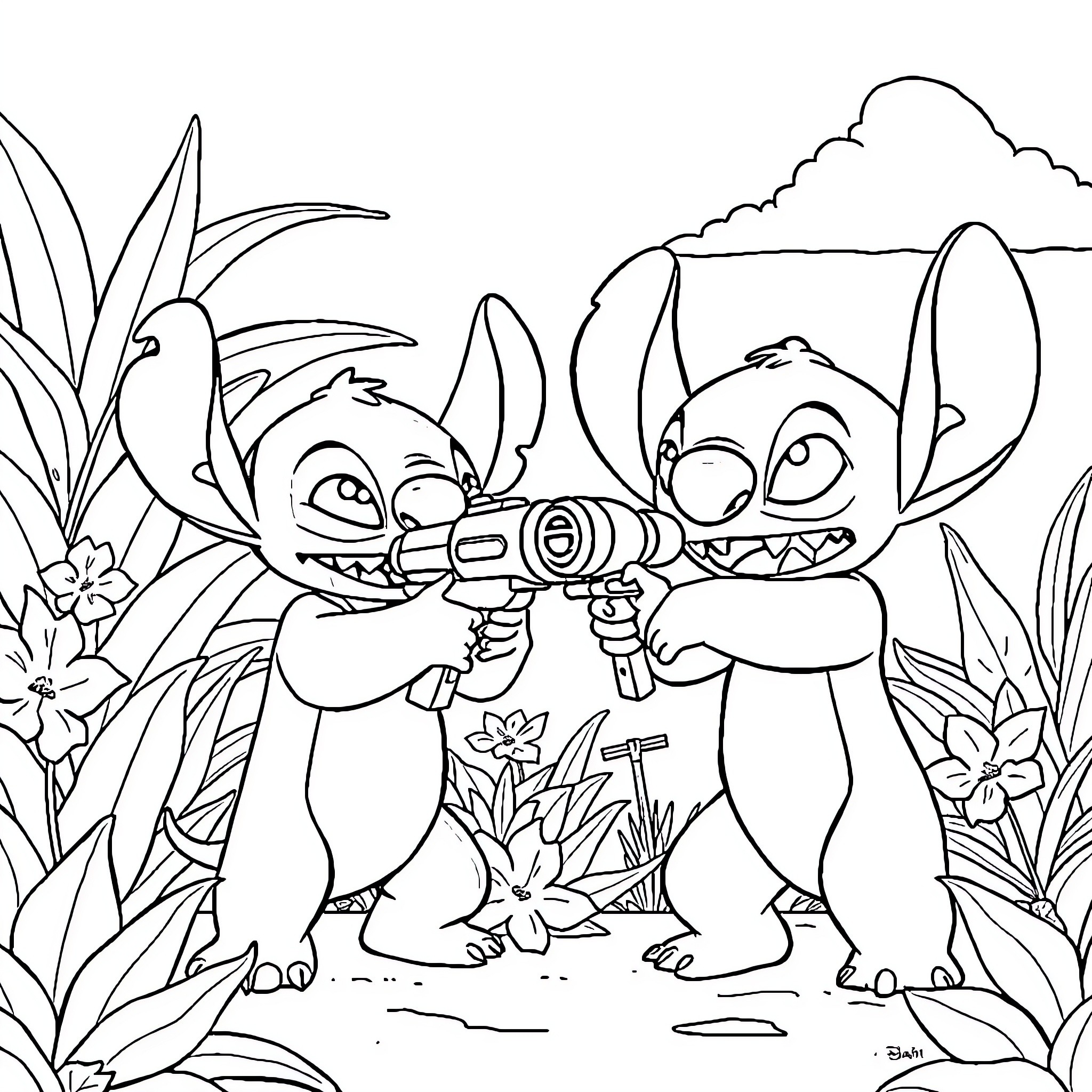 Lilo and Stitch playing with water guns in nature Coloring Page (free black-and-white line drawing printable PDF for all, from beginners to advanced learners, including children, teens, adults, and seniors)
