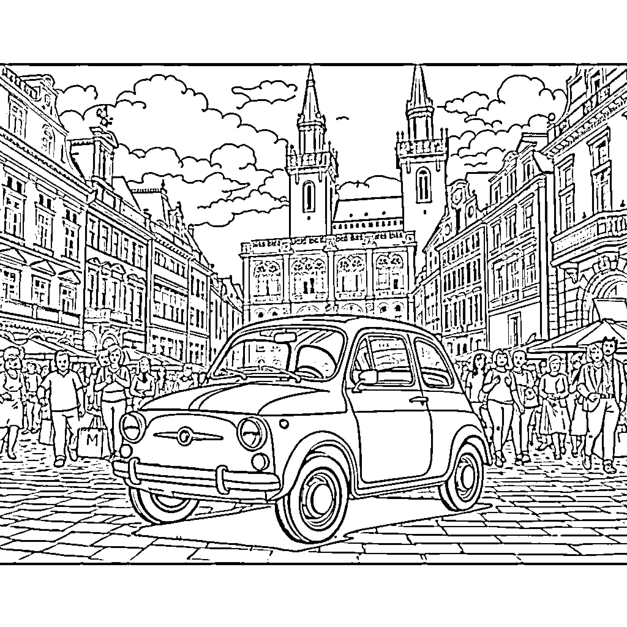 Fiat city street scene with architecture and crowds Coloring Page (free black-and-white line drawing printable PDF for all, from beginners to advanced learners, including children, teens, adults, and seniors)