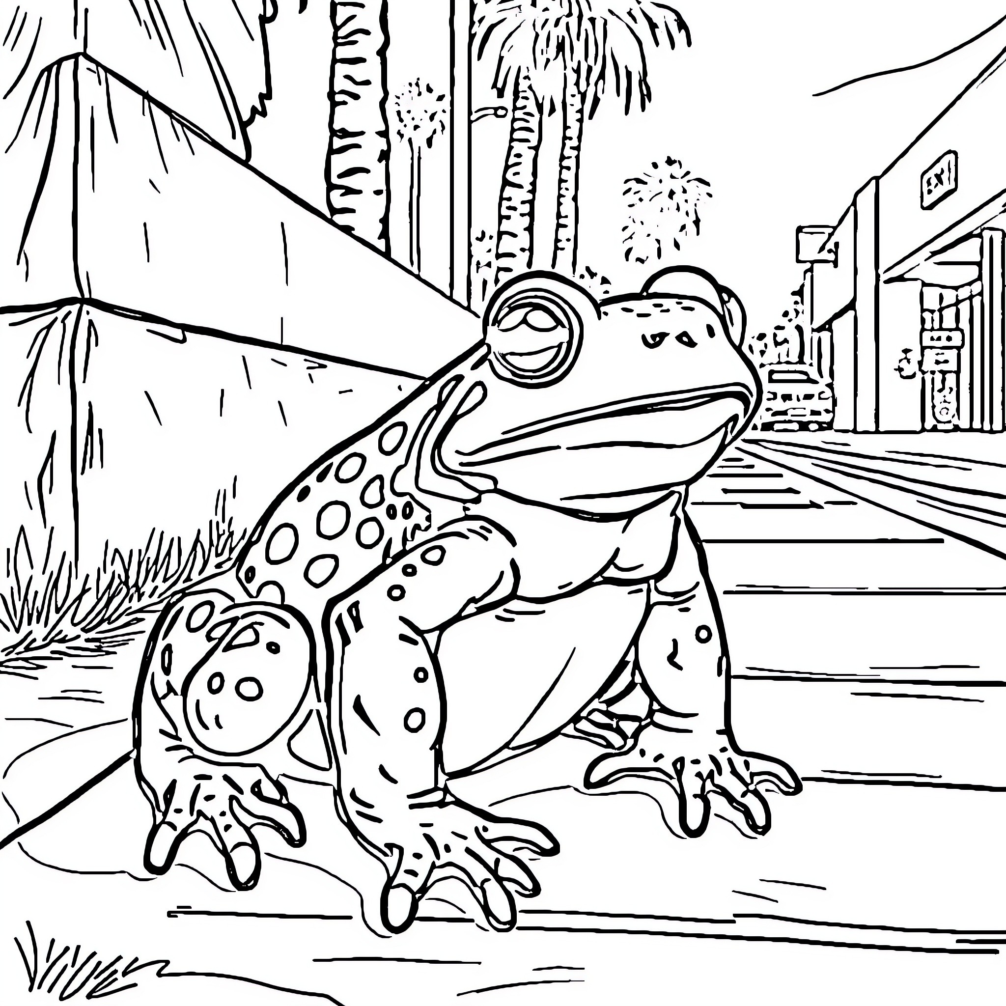 Toad exploring the urban jungle Coloring Page (free black-and-white line drawing printable PDF for all, from beginners to advanced learners, including children, teens, adults, and seniors)