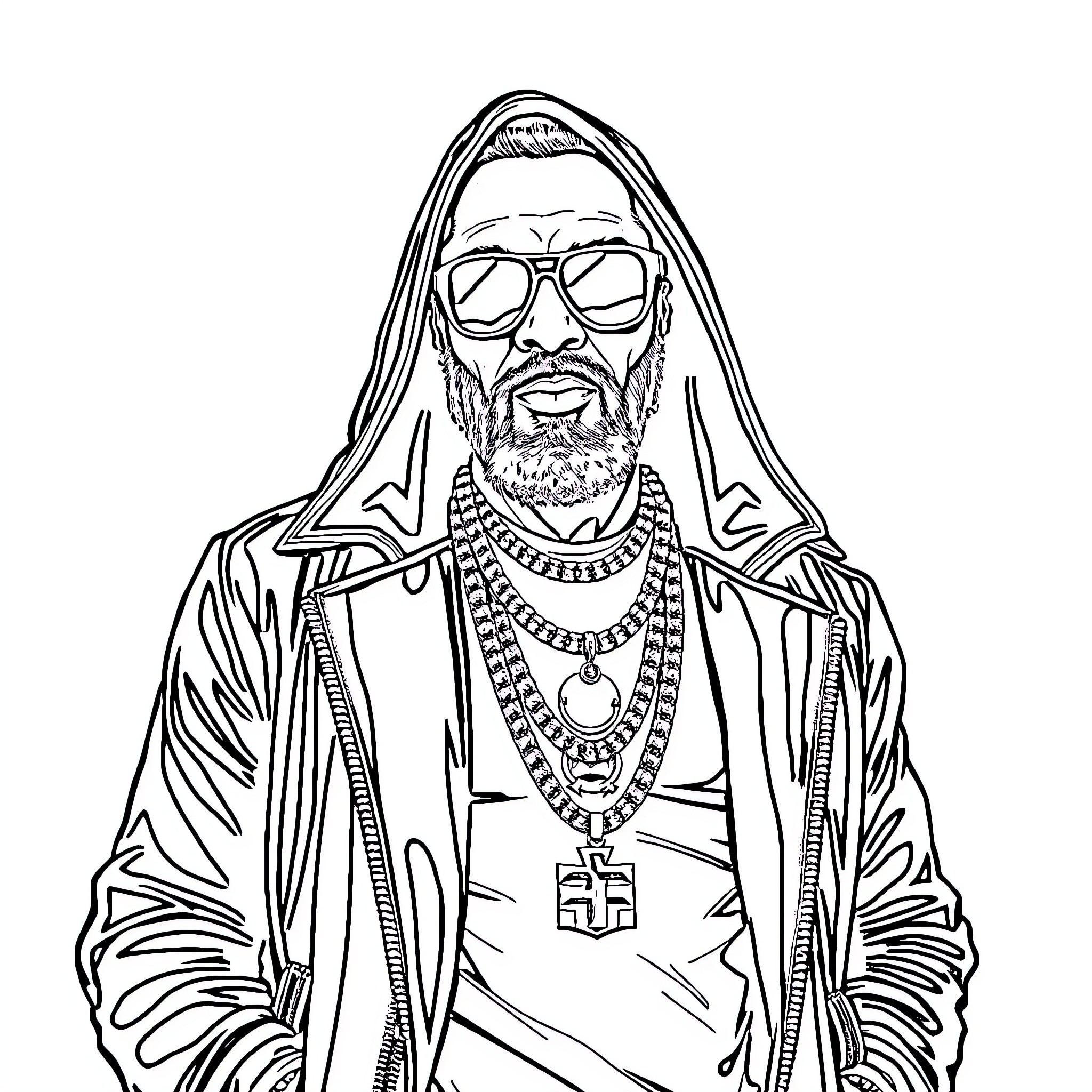 Kollegah in a stylish and ornate outfit Coloring Page (free black-and-white line drawing printable PDF for all, from beginners to advanced learners, including children, teens, adults, and seniors)