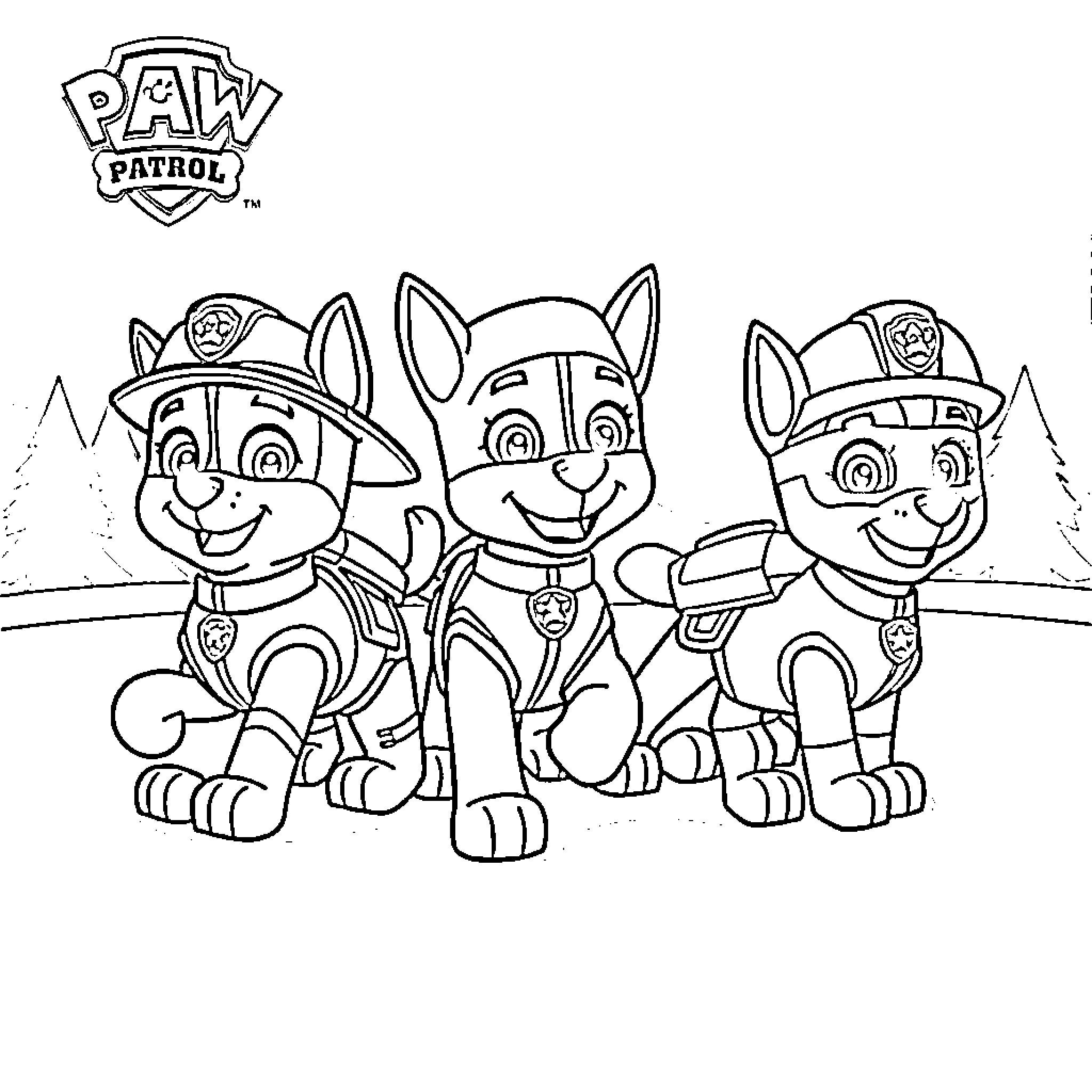Mighty Pup Patrol Team Assisting on the Field Coloring Page (free black-and-white line drawing printable PDF for all, from beginners to advanced learners, including children, teens, adults, and seniors)