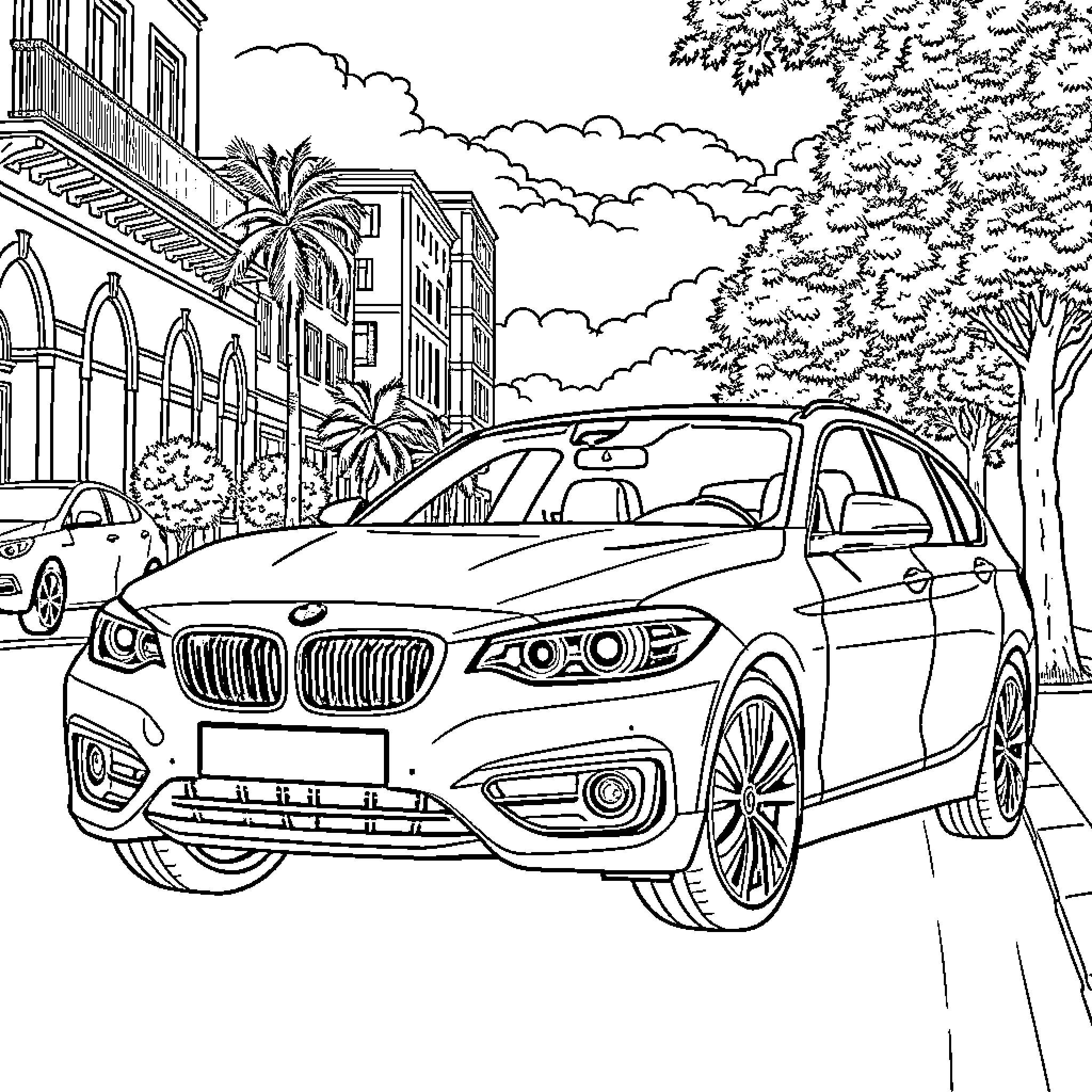 BMW 2 Series parked on a city street Coloring Page (free black-and-white line drawing printable PDF for all, from beginners to advanced learners, including children, teens, adults, and seniors)