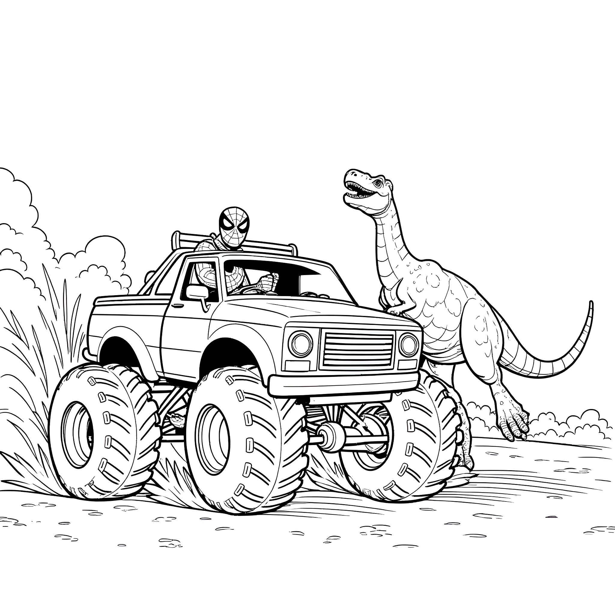 Spiderman drives monster truck past dinosaur Coloring Page (free black-and-white line drawing printable PDF for all, from beginners to advanced learners, including children, teens, adults, and seniors)