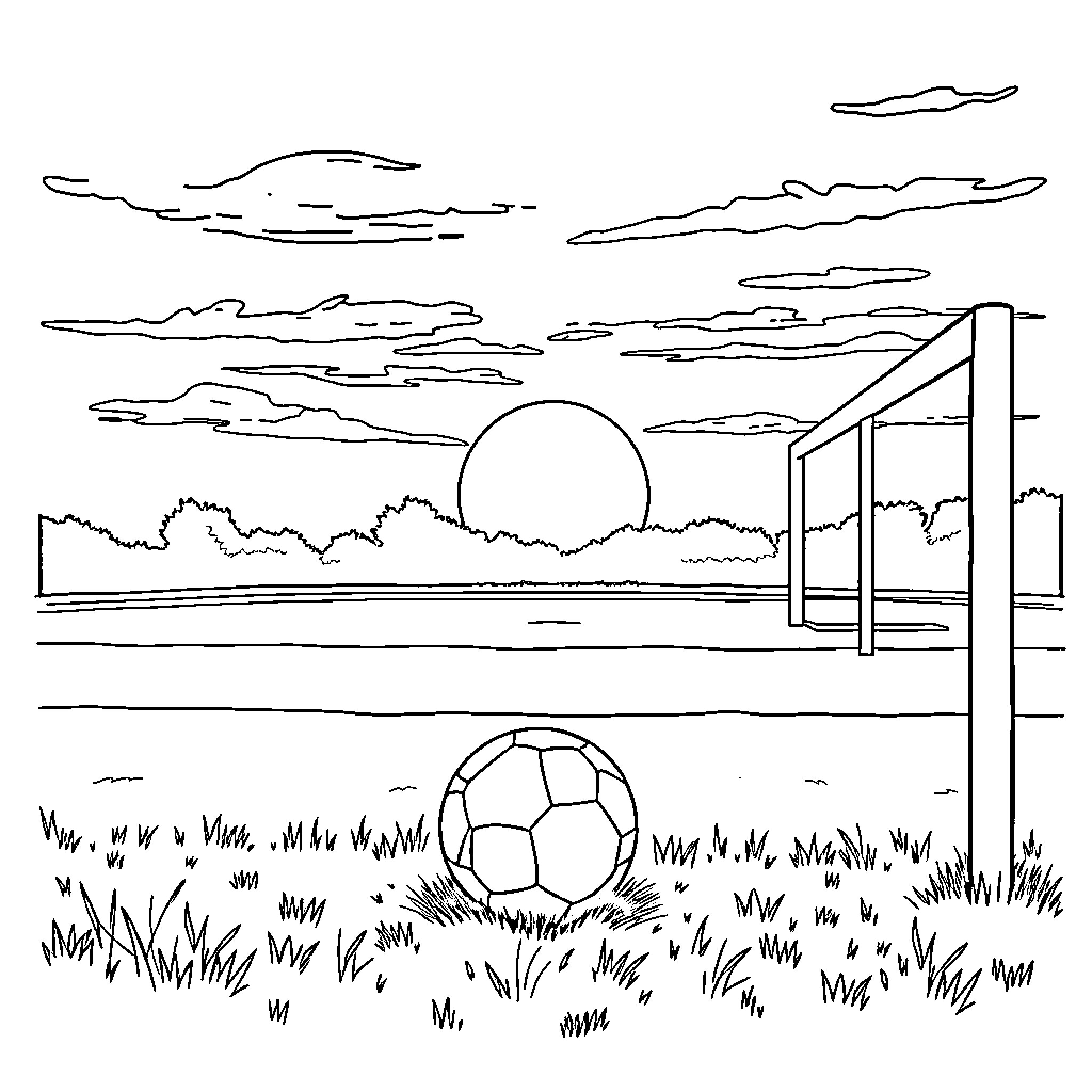 Soccer field at sunset with ball and goal post Coloring Page (free black-and-white line drawing printable PDF for all, from beginners to advanced learners, including children, teens, adults, and seniors)