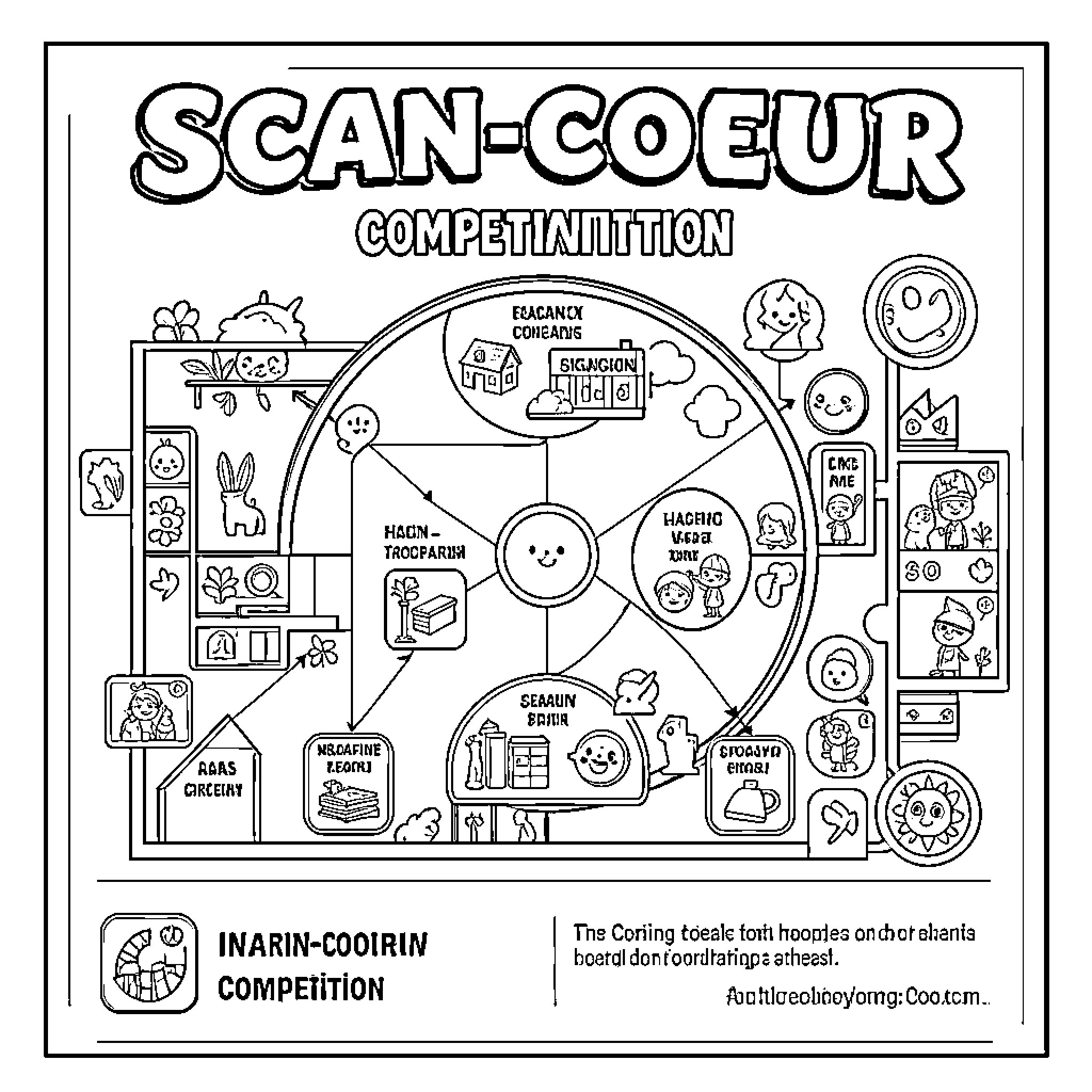 Image featuring a whimsical circular diagram with various characters Coloring Page (free black-and-white line drawing printable PDF for all, from beginners to advanced learners, including children, teens, adults, and seniors)