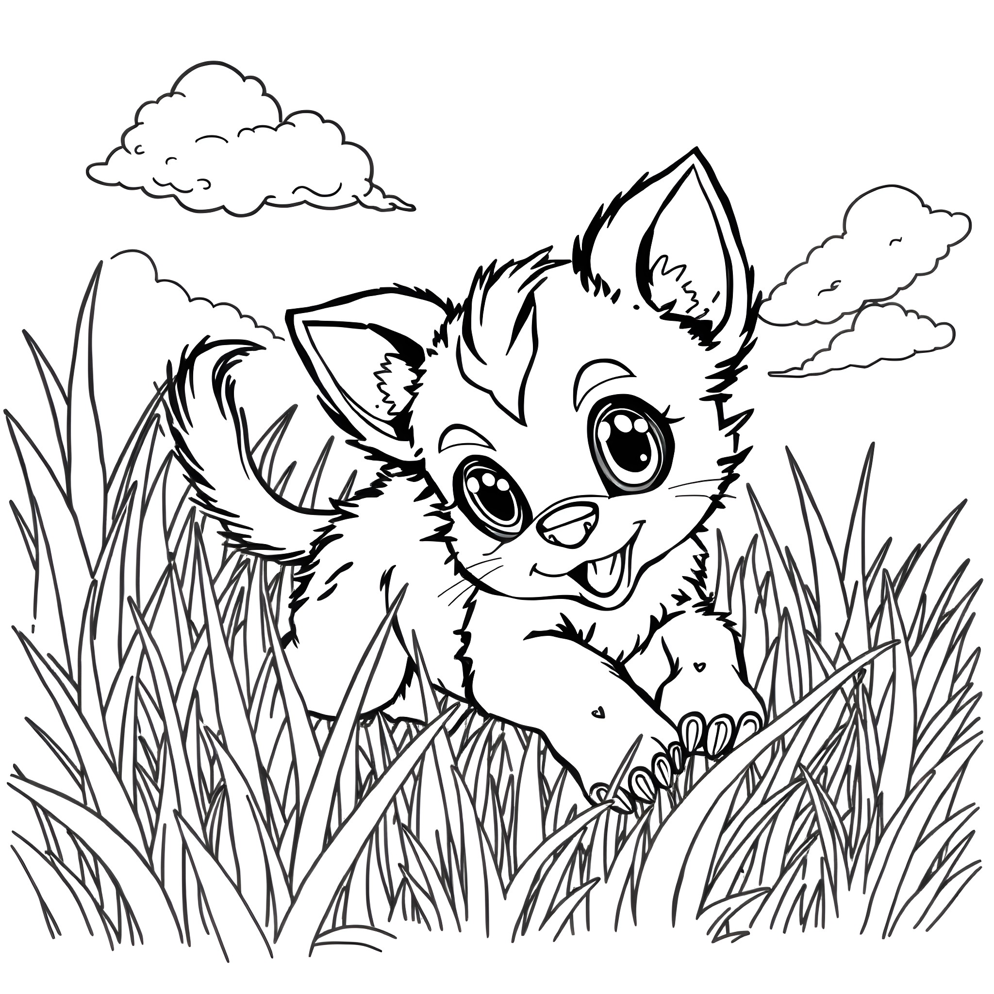 Puppy exploring the grassy outdoors Coloring Page (free black-and-white line drawing printable PDF for all, from beginners to advanced learners, including children, teens, adults, and seniors)