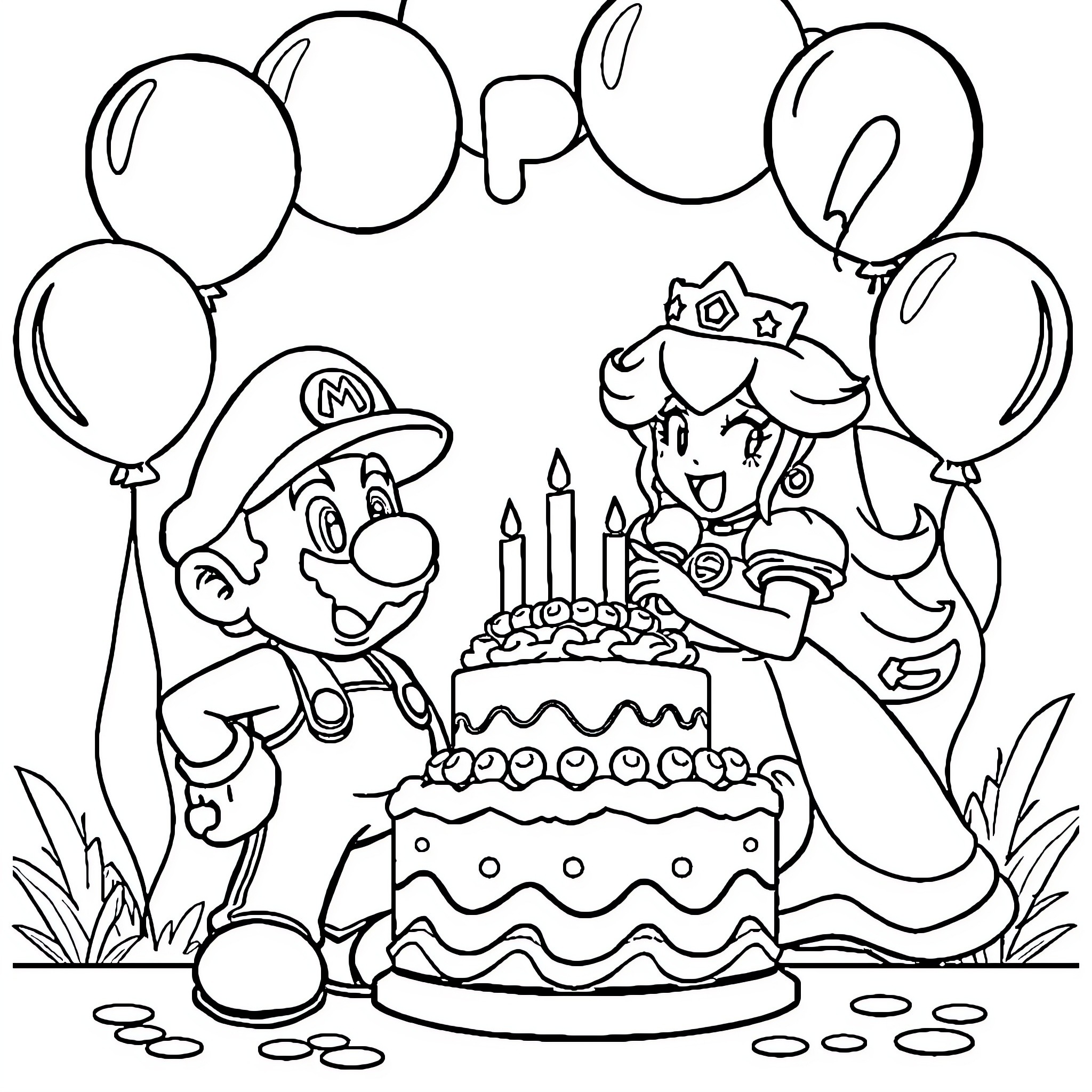 Mario's Festive Birthday Celebration with Princess Coloring Page (free black-and-white line drawing printable PDF for all, from beginners to advanced learners, including children, teens, adults, and seniors)