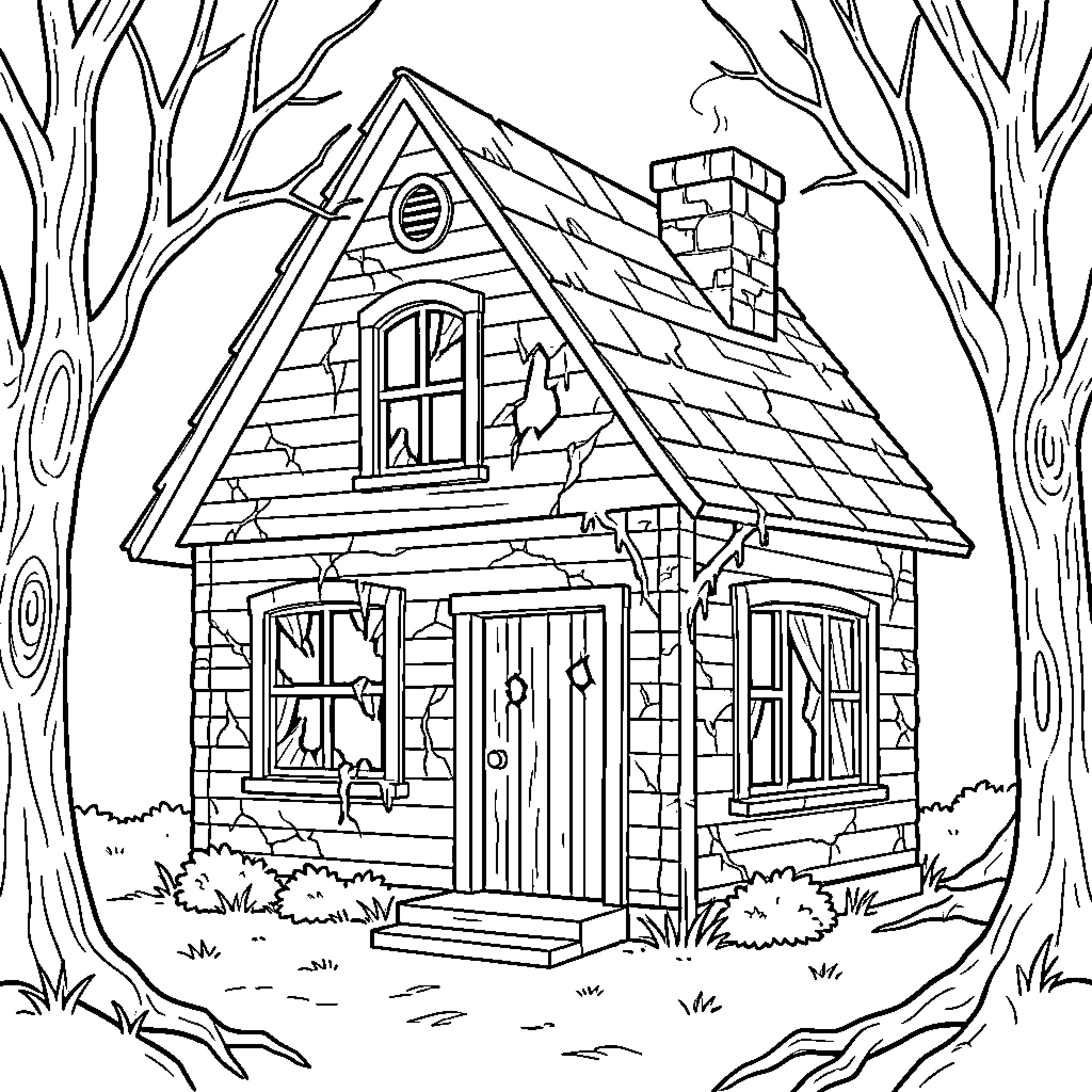 Haunted House standing among bare trees in a forest Coloring Page (free black-and-white line drawing printable PDF for all, from beginners to advanced learners, including children, teens, adults, and seniors)