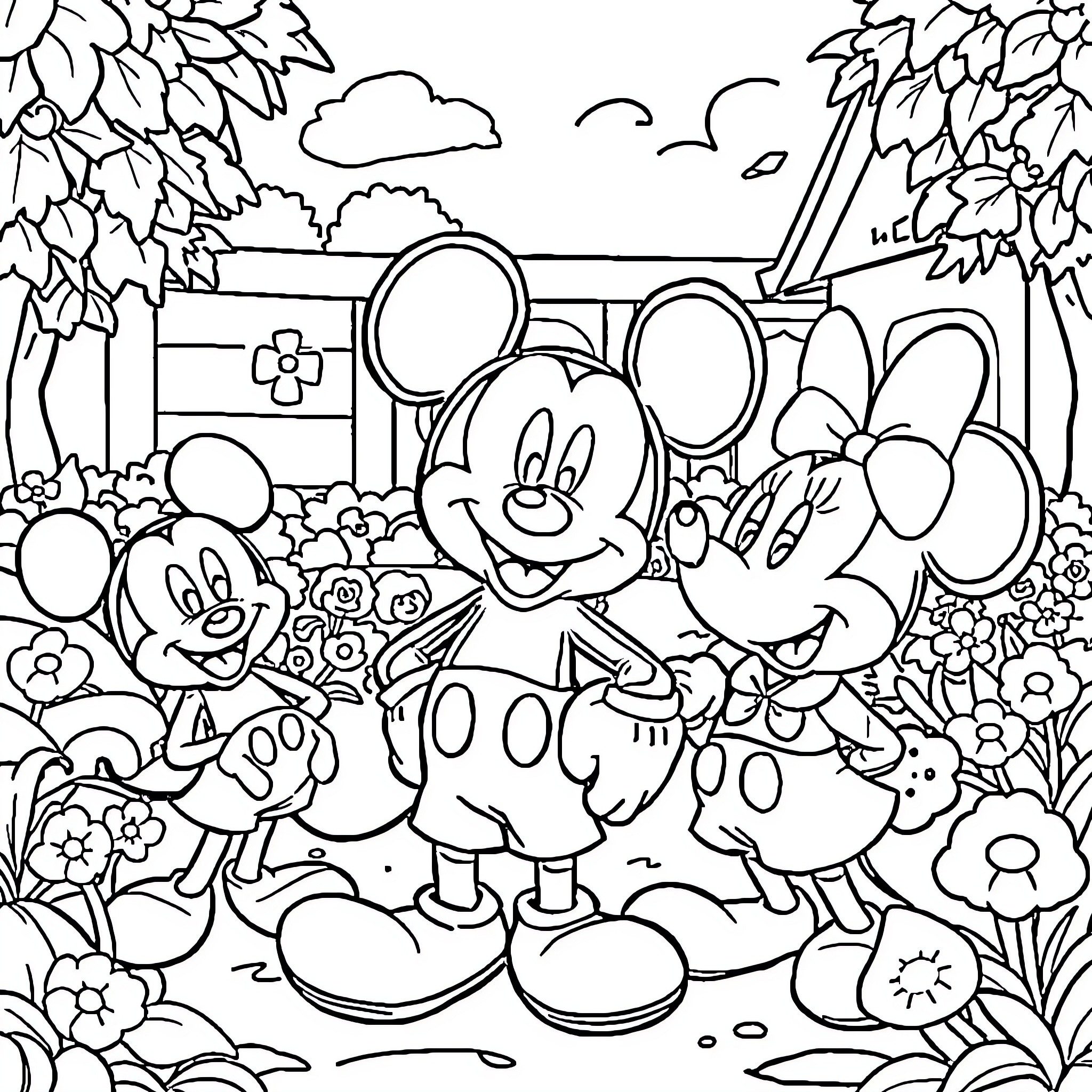 Mickey and Minnie's Playful Garden Adventure Coloring Page (free black-and-white line drawing printable PDF for all, from beginners to advanced learners, including children, teens, adults, and seniors)